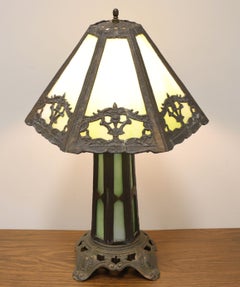 Early 20th Century Bronze Art Deco Green Slag Glass Table Lamp