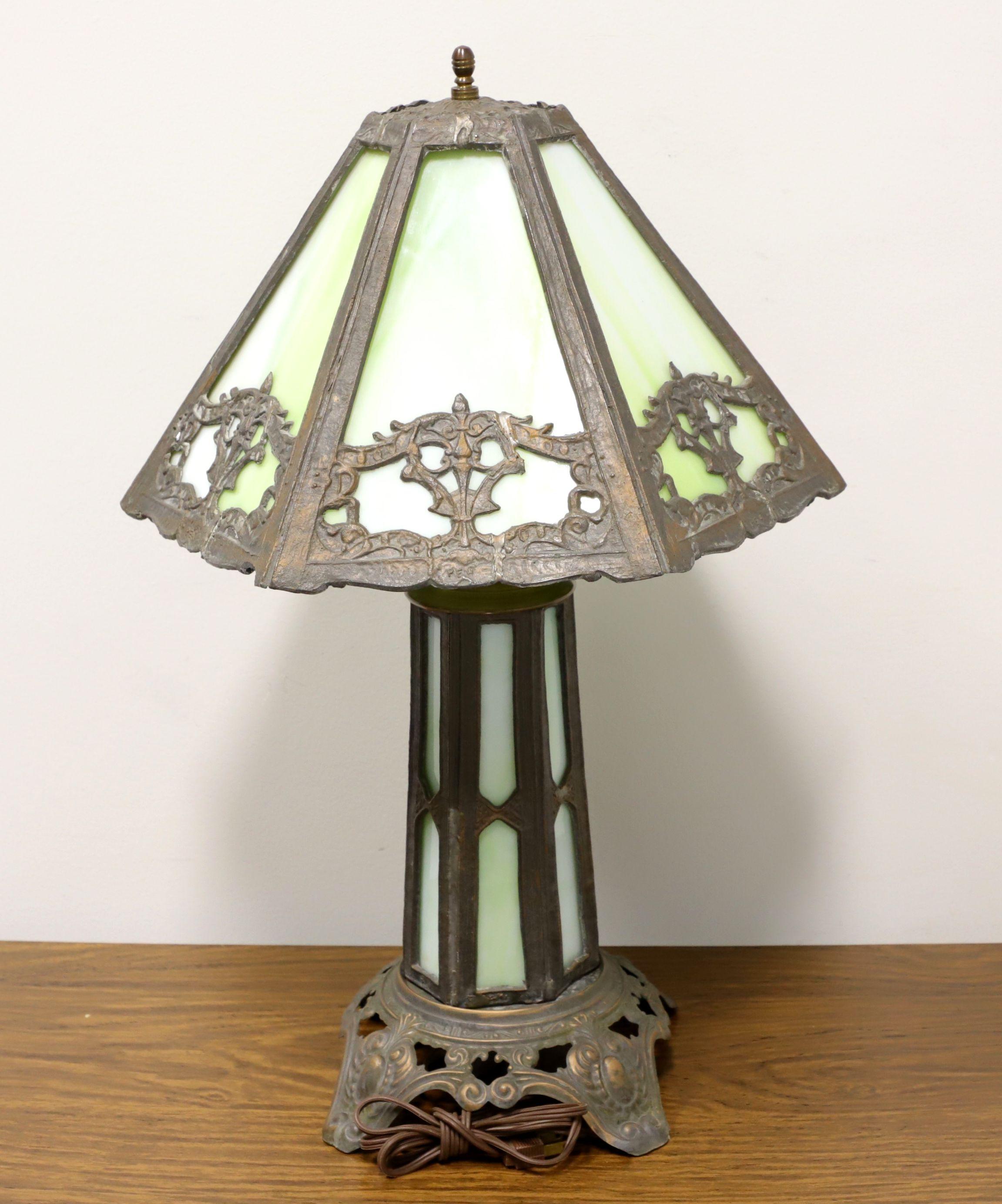 Brass Early 20th Century Bronze Art Deco Green Slag Glass Table Lamp For Sale