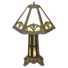 Early 20th Century Bronze Art Deco Green Slag Glass Table Lamp