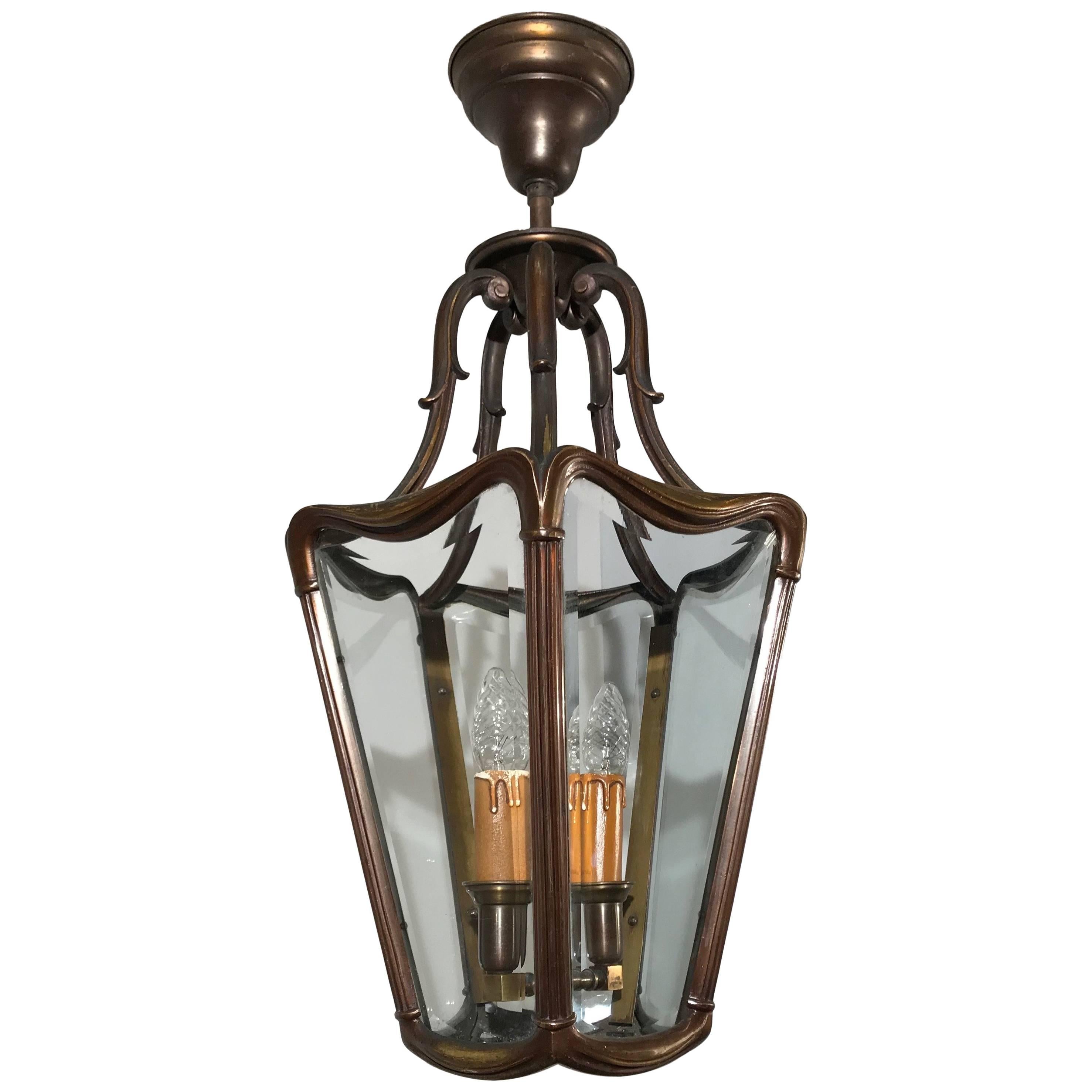 Early 20th Century Bronze & Beveled Glass Stylish Design Lantern Pendant Light