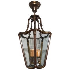 Early 20th Century Bronze & Beveled Glass Stylish Design Lantern Pendant Light