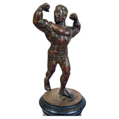 Bronze Bodybuilder Figurine on Wooden Base, Old Burma, Early 20th Century