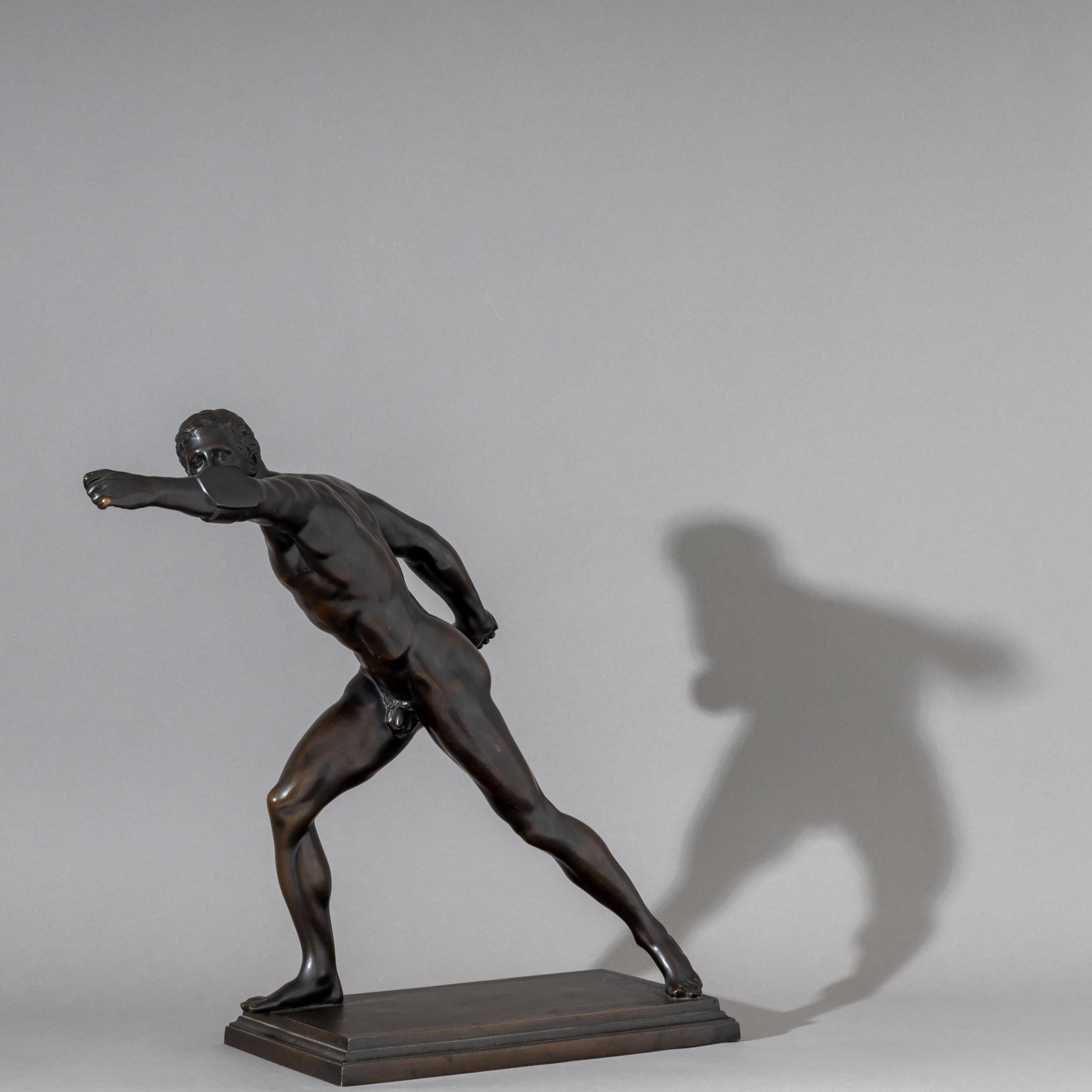 Bronze sculpture of the Borghese Gladiator after the antique model. Finely cast with detailed anatomy and dynamic movement. Marked on the base: Akt.-Ges. Gladenbeck Berlin. Base dimensions: 33.5 x 30 cm.