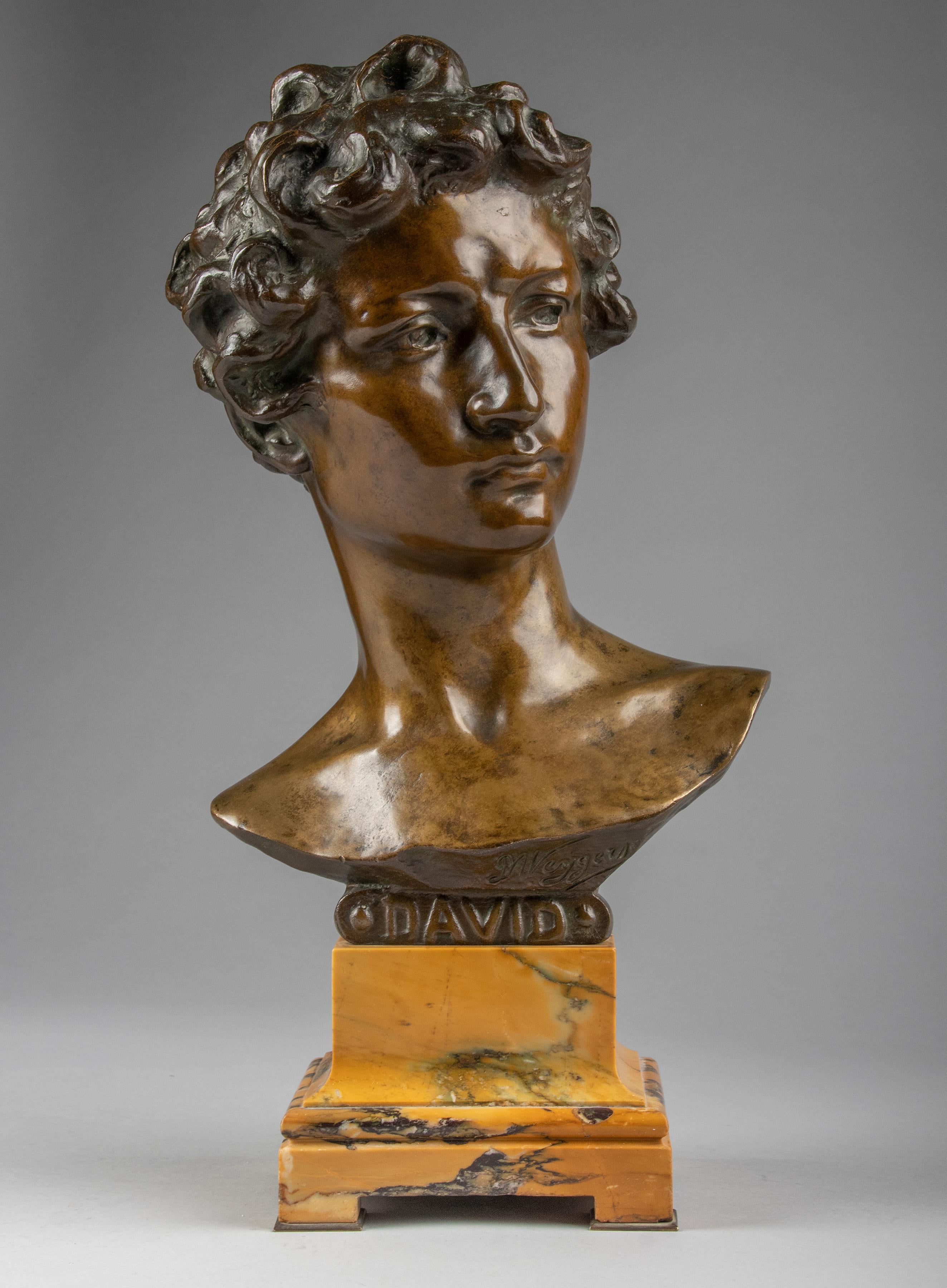 An antique brown patinated bronze bust depicting the mythical David after Michelangelo's masterpiece displayed in the Museum of Florence. The dark brown patinated bronze bust has a sensitively modeled face. The bust is mounted on a Siena marble