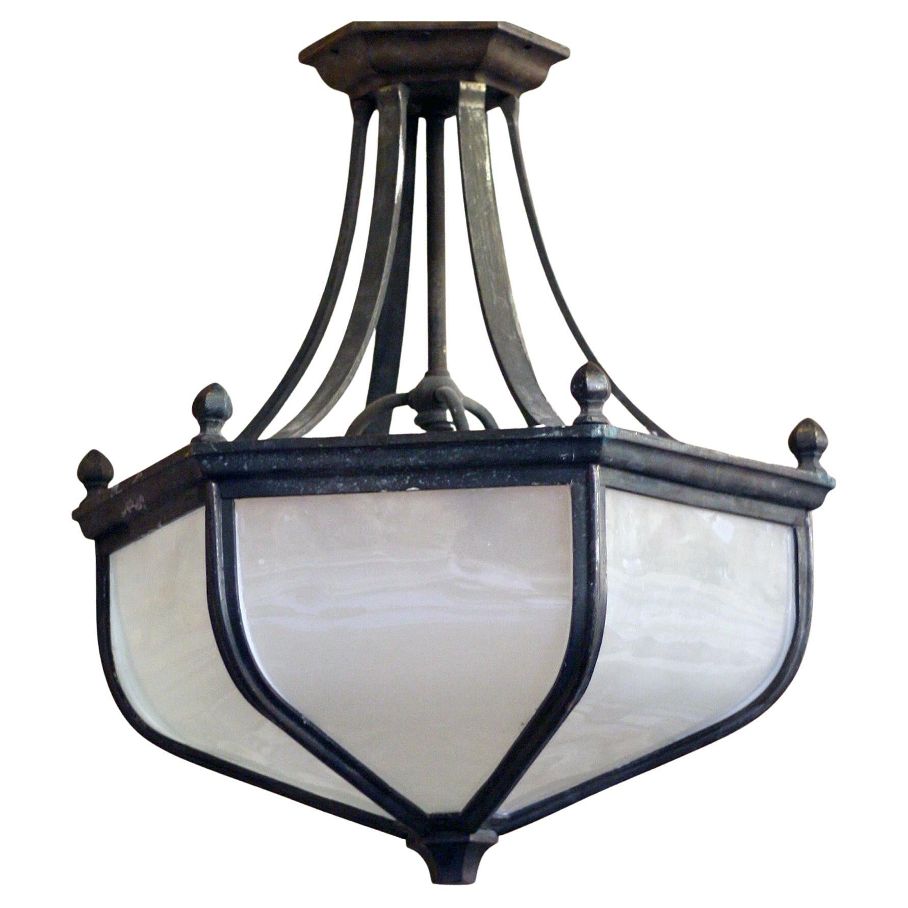 Early 20th Century Bronze Ceiling Light with Opaque Glass For Sale
