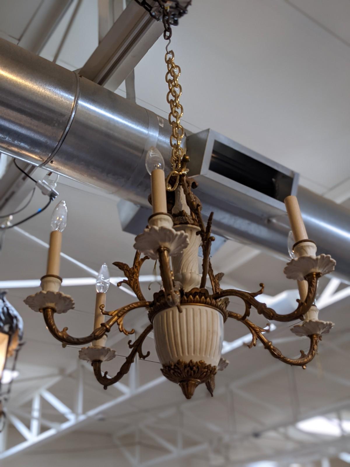 English Early 20th Century Bronze & Ceramic Chandelier from England For Sale