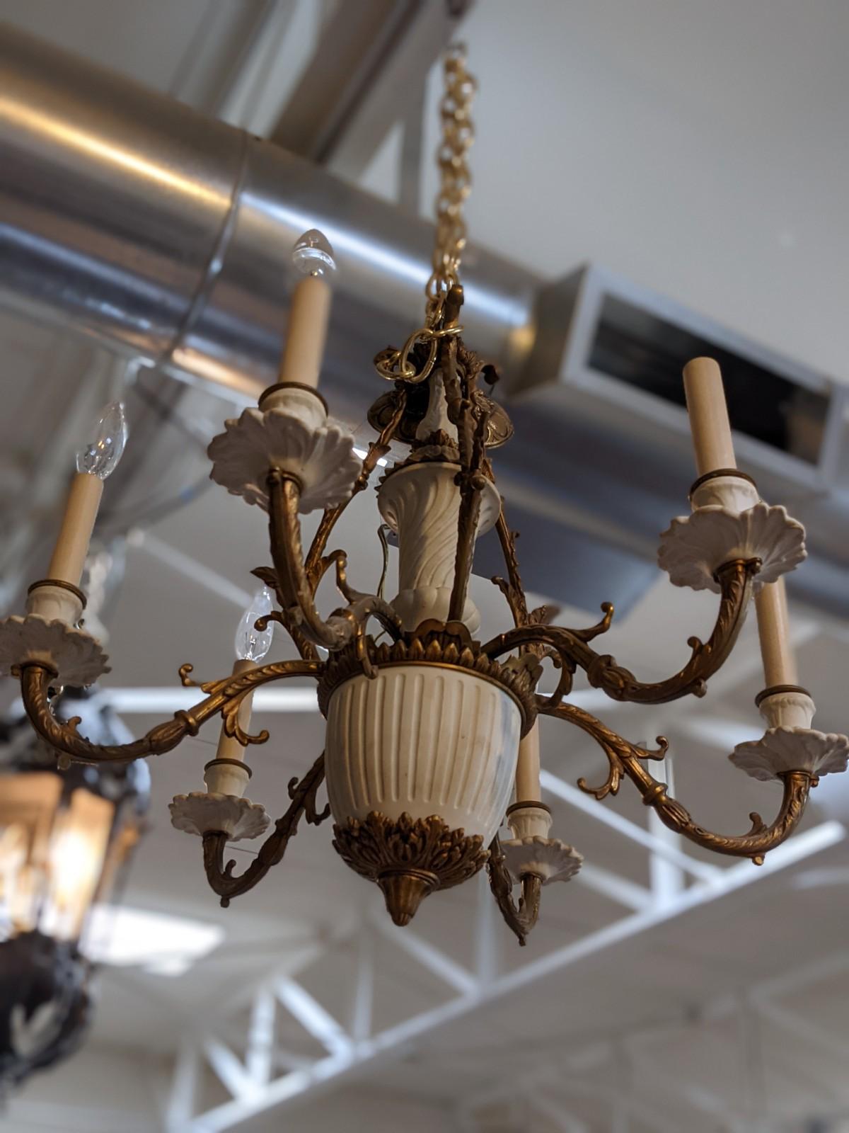Early 20th Century Bronze & Ceramic Chandelier from England In Good Condition For Sale In Dallas, TX