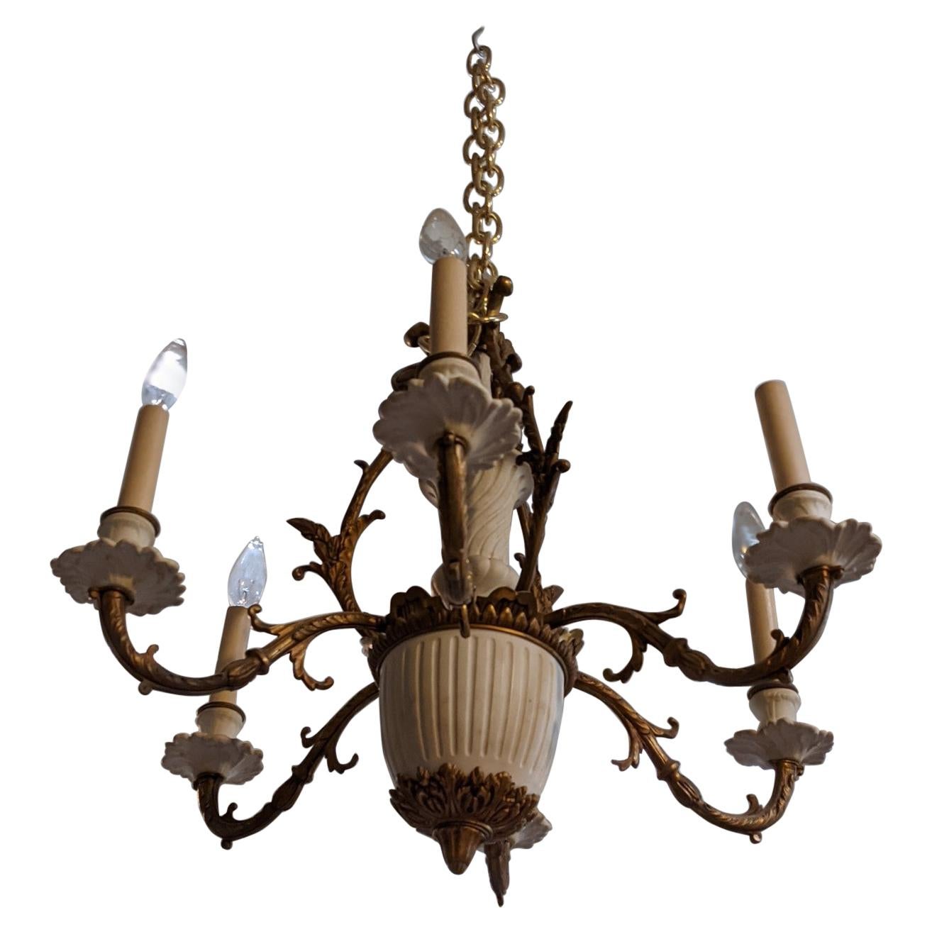 Early 20th Century Bronze & Ceramic Chandelier from England