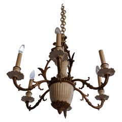 Antique Early 20th Century Bronze & Ceramic Chandelier from England