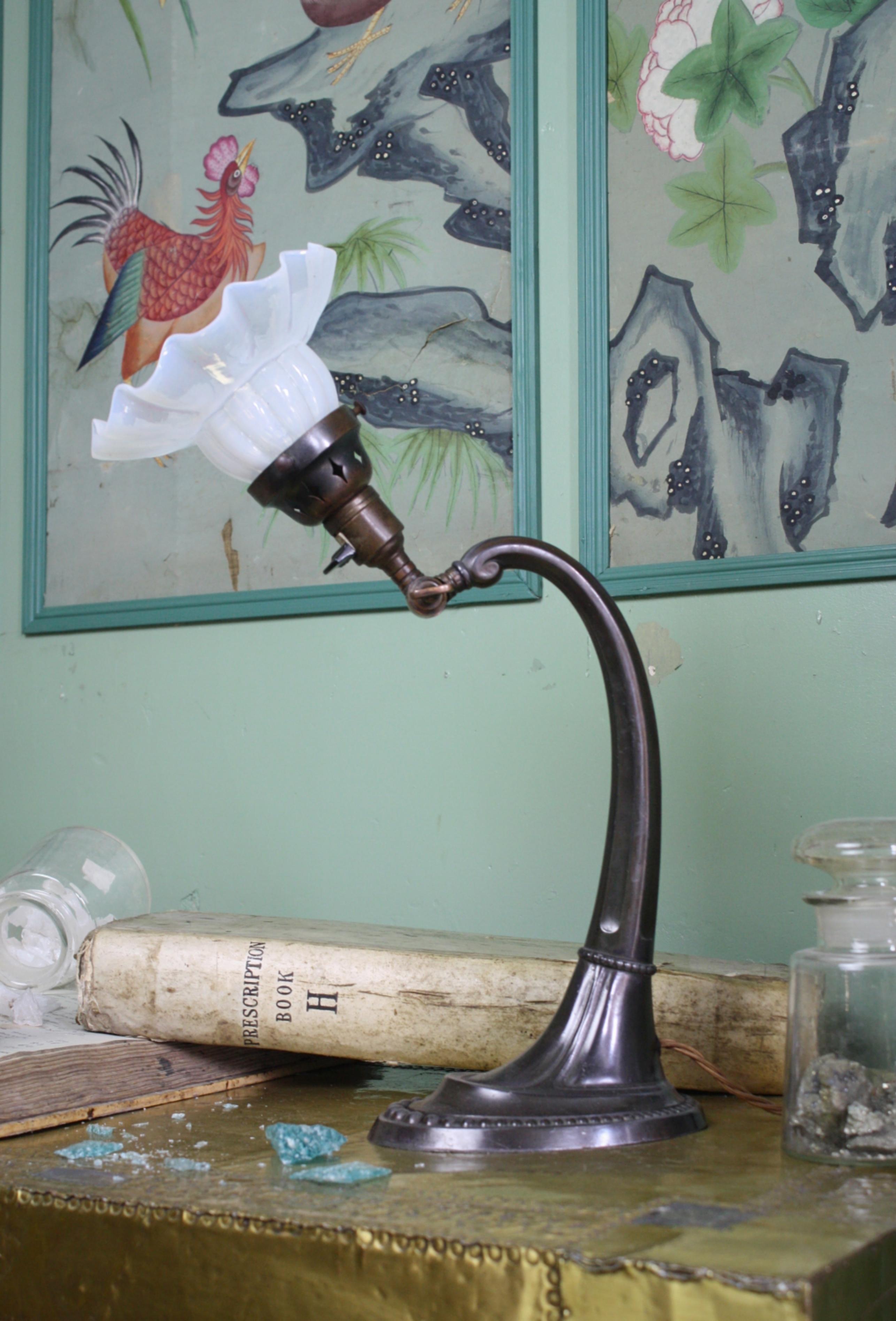 Early 20th Century Bronze and Copper Desk Lamp with Vaseline Shade 3