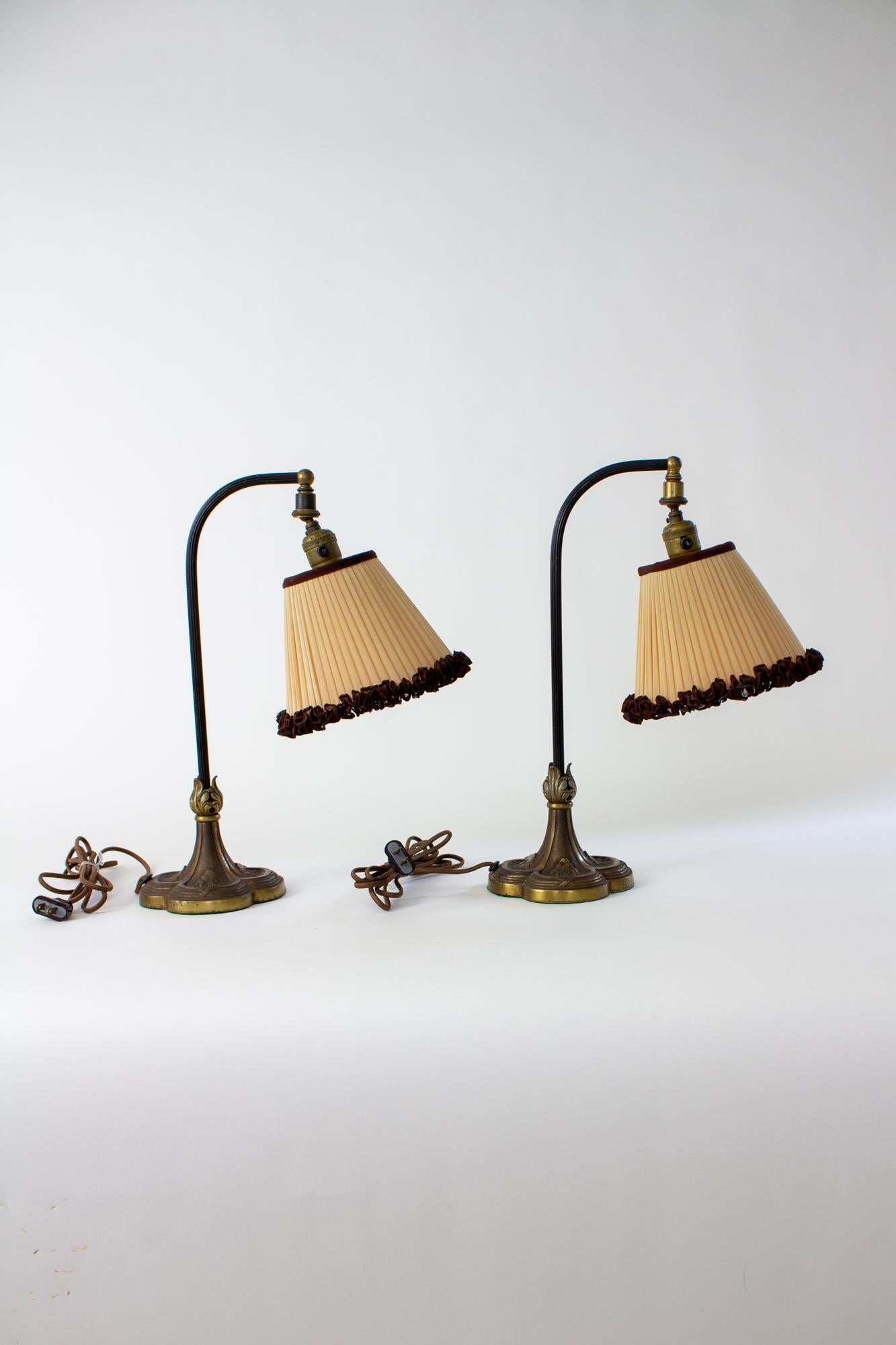 Edwardian Early 20th Century Bronze Curved Neck Table Lamps with Original Silk Shades - a 
