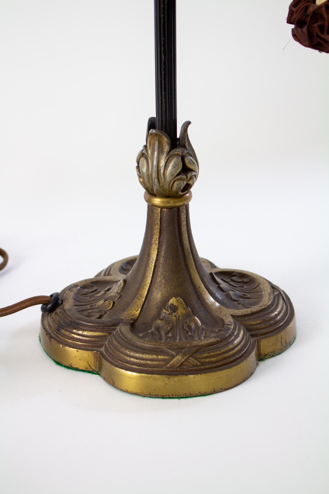 American Early 20th Century Bronze Curved Neck Table Lamps with Original Silk Shades - a 