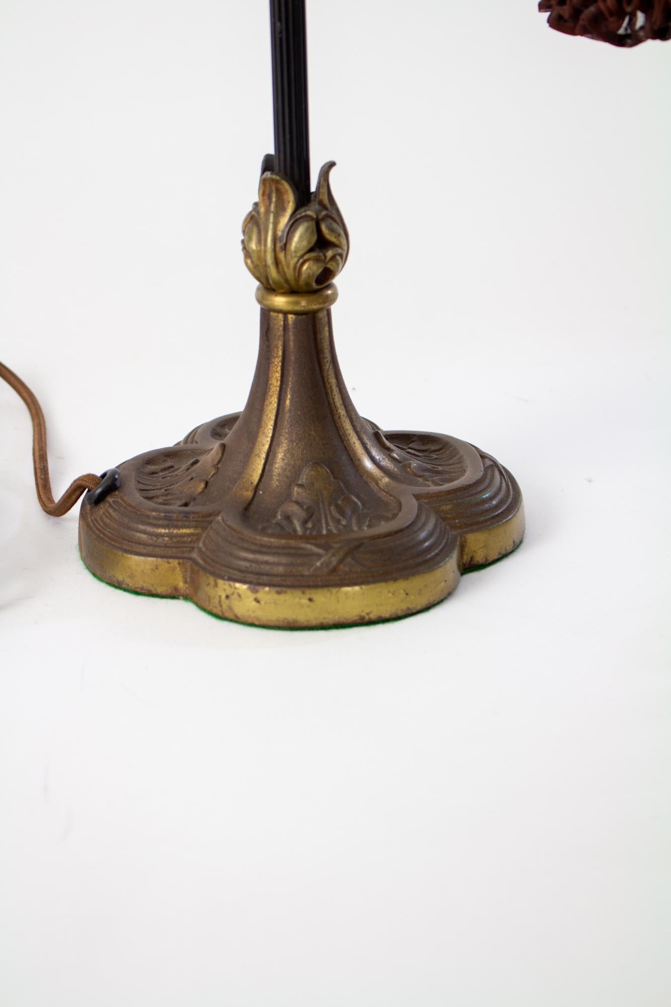 Early 20th Century Bronze Curved Neck Table Lamps with Original Silk Shades - a  In Good Condition In Canton, MA