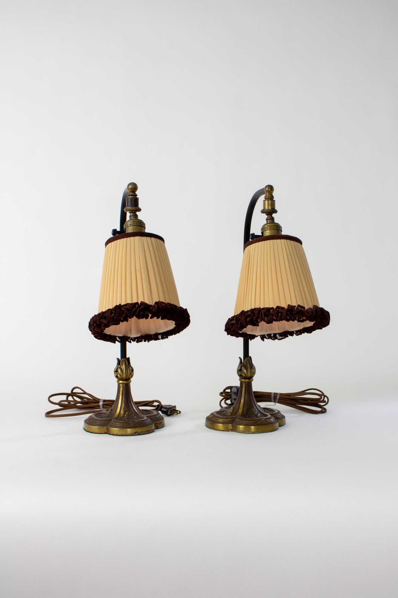 Early 20th Century Bronze Curved Neck Table Lamps with Original Silk Shades - a  2