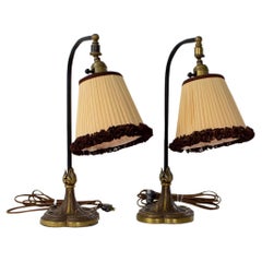 Early 20th Century Bronze Curved Neck Table Lamps with Original Silk Shades - a 