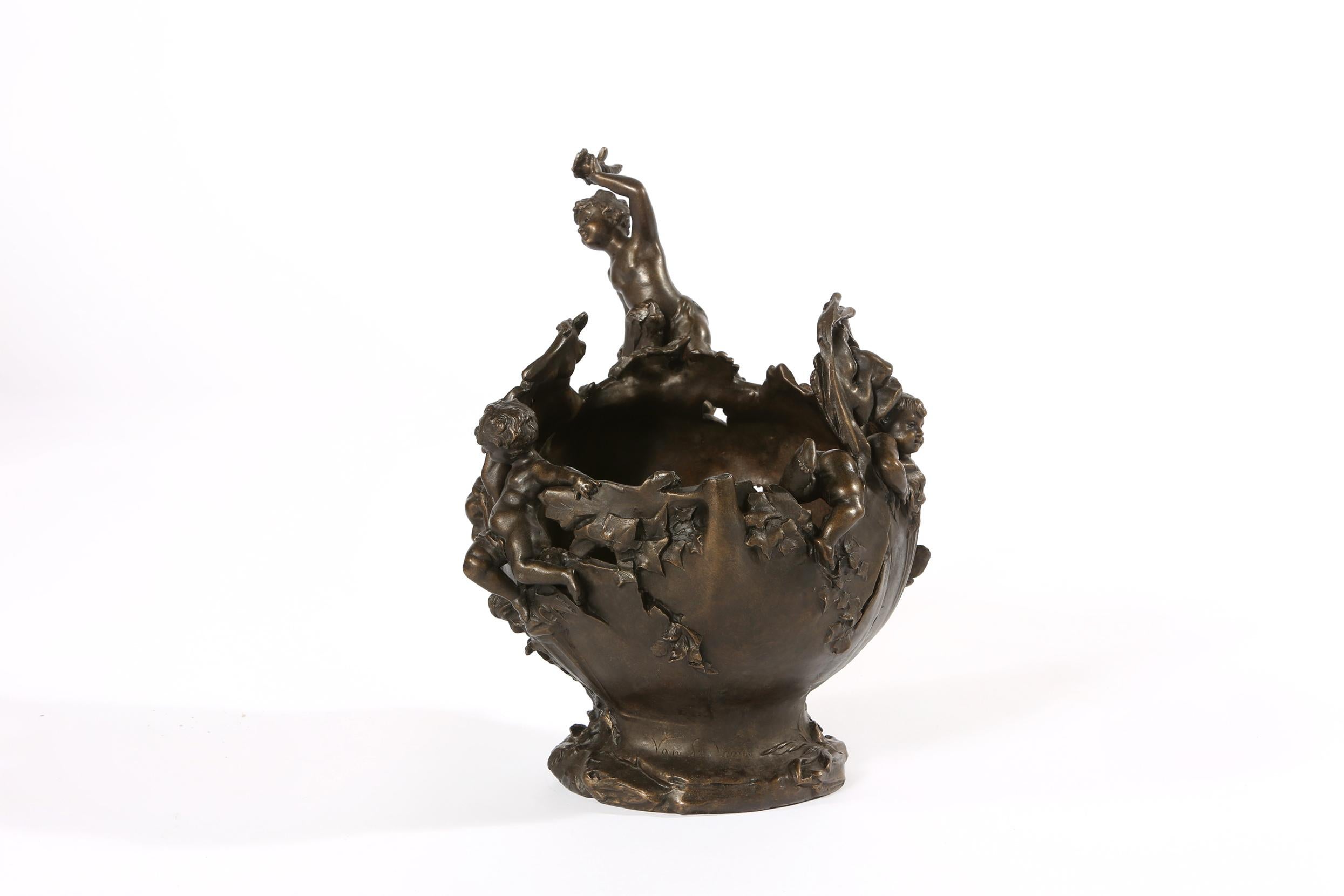 Mid-20th century tall bronze decorative piece bowl / centerpiece. The piece is in good vintage condition. Maker's mark undersigned. The centerpiece measure about 13.5 inches high x 10.5 inches diameter.