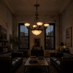 Early 20th Century Bronze English Chandelier with Etched Glass