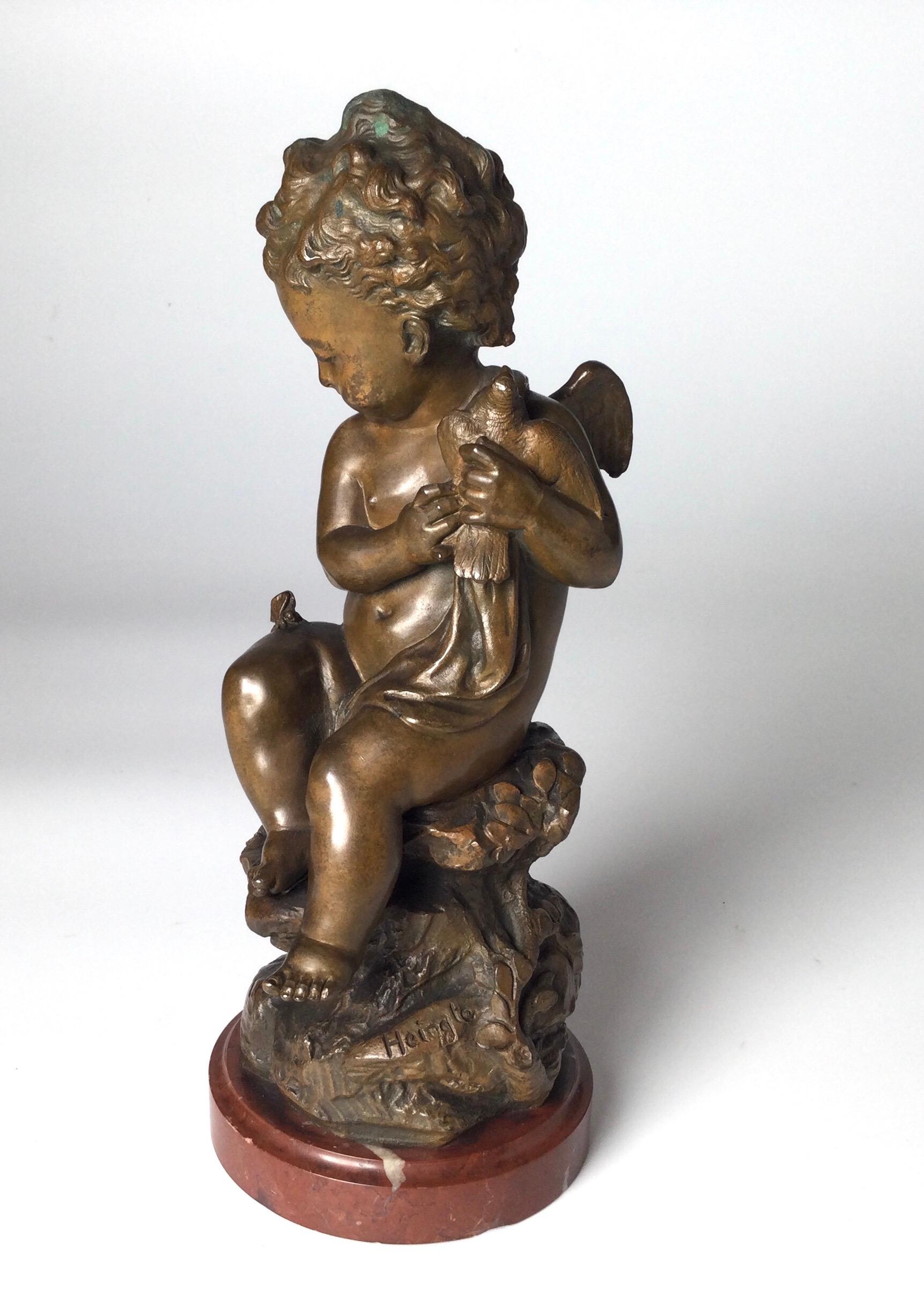 Belle Époque Early 20th Century Bronze Figure of a Cherub on Marble Base For Sale