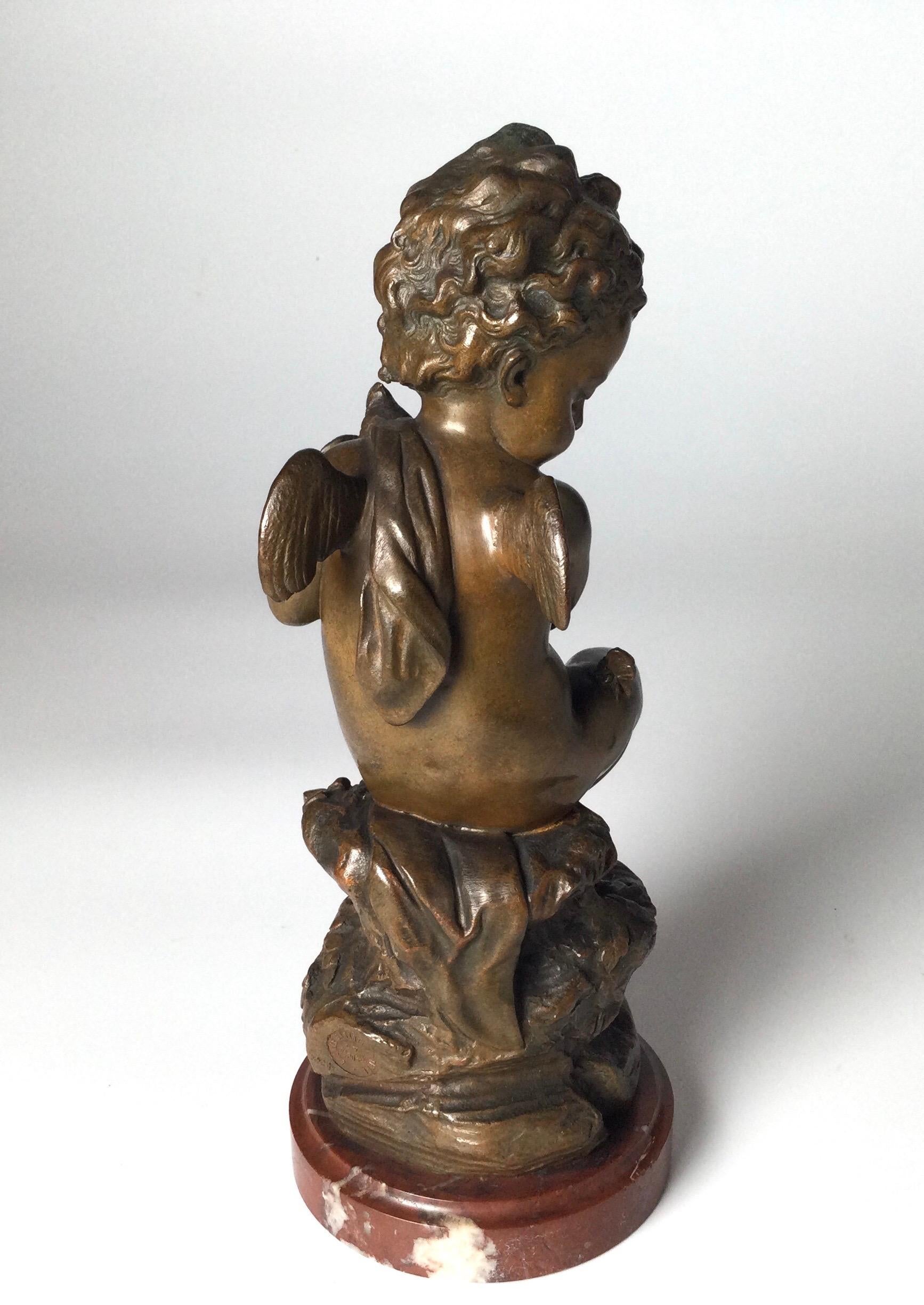 Early 20th Century Bronze Figure of a Cherub on Marble Base In Good Condition For Sale In Lambertville, NJ