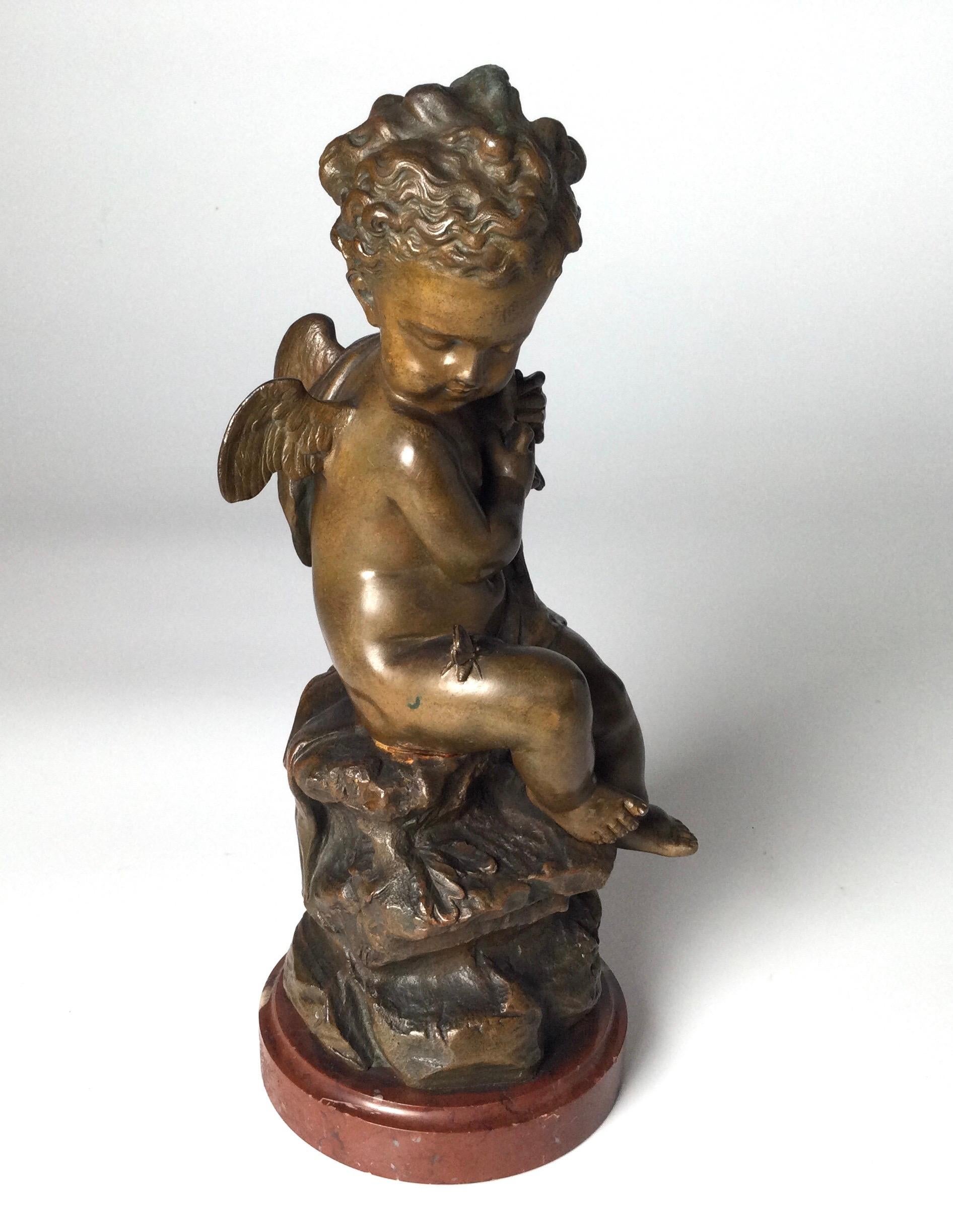 19th Century Early 20th Century Bronze Figure of a Cherub on Marble Base For Sale