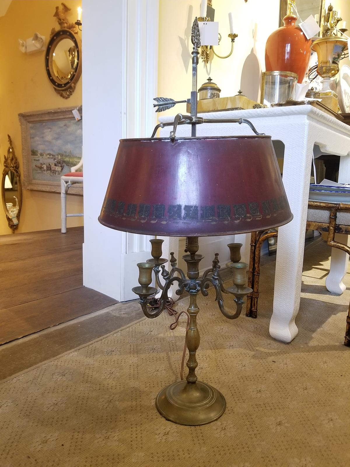 Early 20th century bronze four-arm Bouillotte lamp with decoupage tole shade
New wiring.