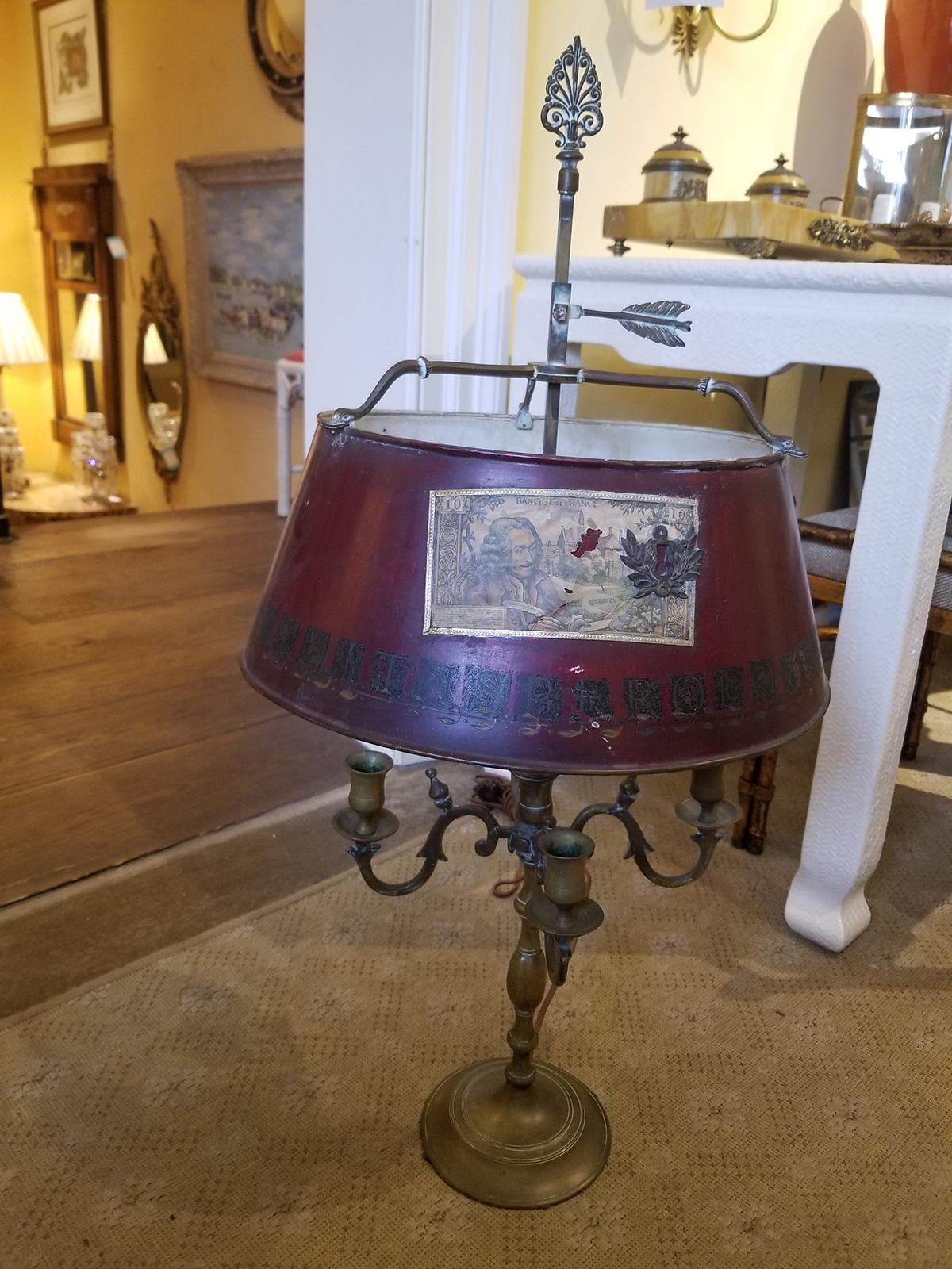Découpage Early 20th Century Bronze Four-Arm Bouillotte Lamp with Decoupage Tole Shade For Sale