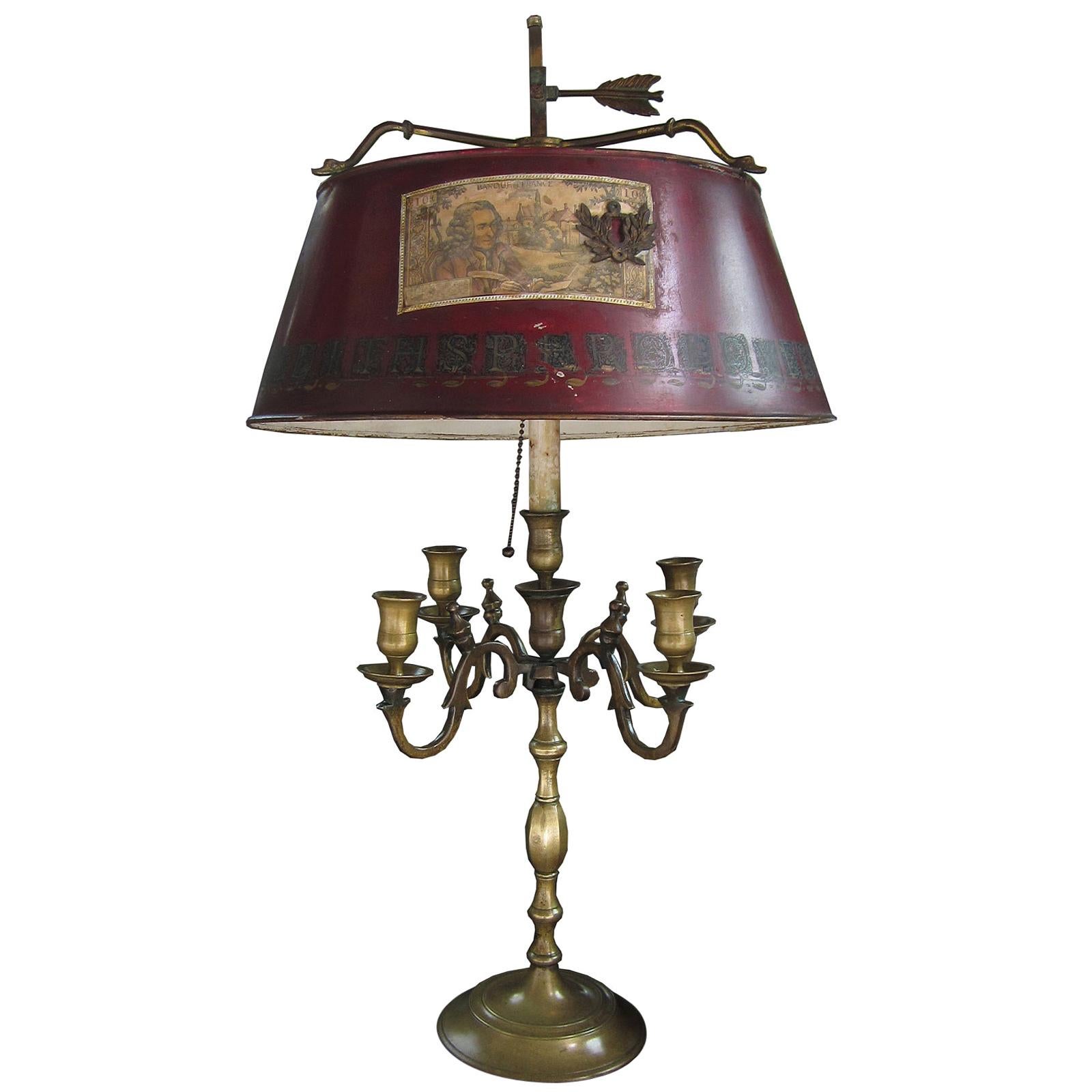 Early 20th Century Bronze Four-Arm Bouillotte Lamp with Decoupage Tole Shade