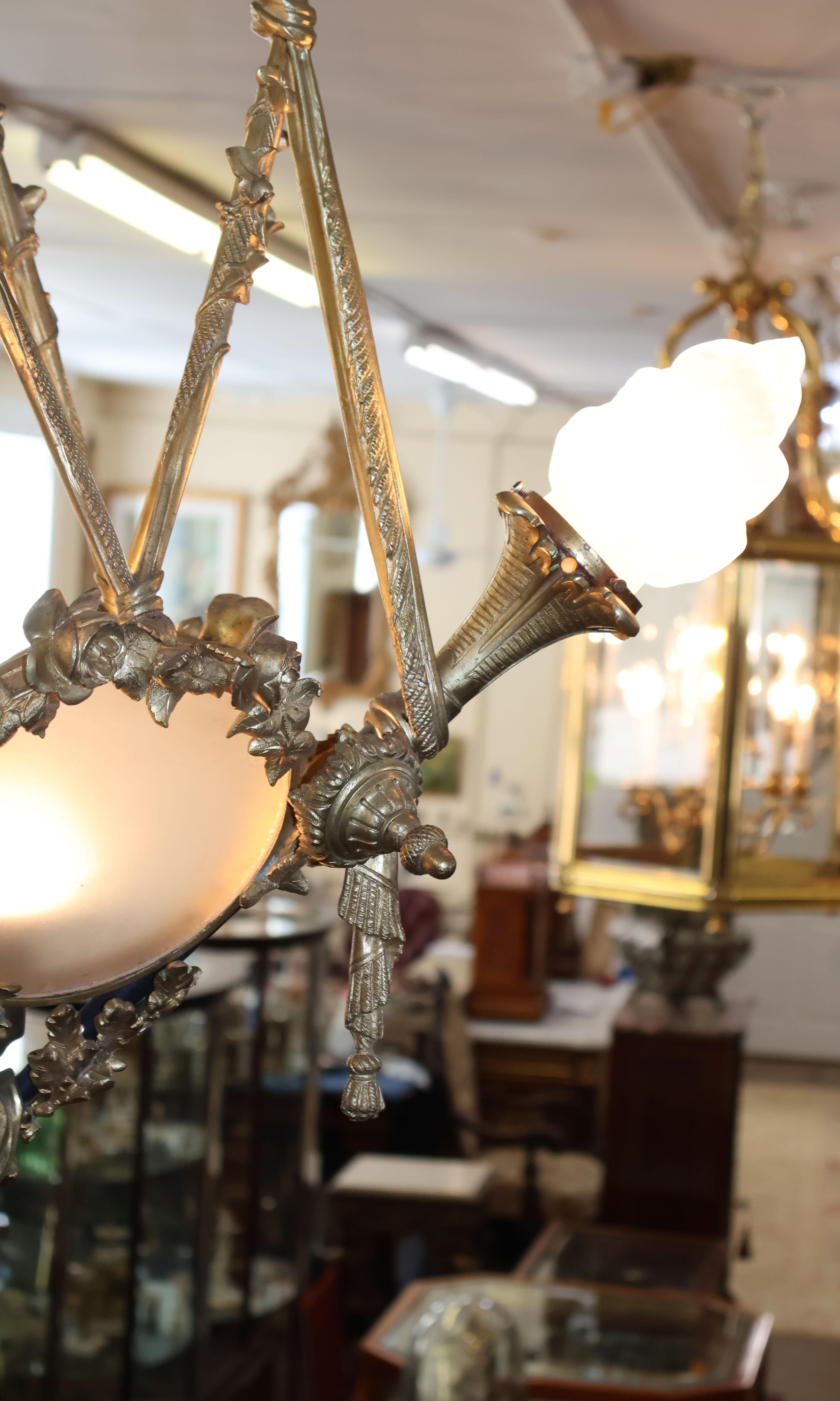  Early 20th Century Bronze French Style 4 Light Chandelier With Shades For Sale 5