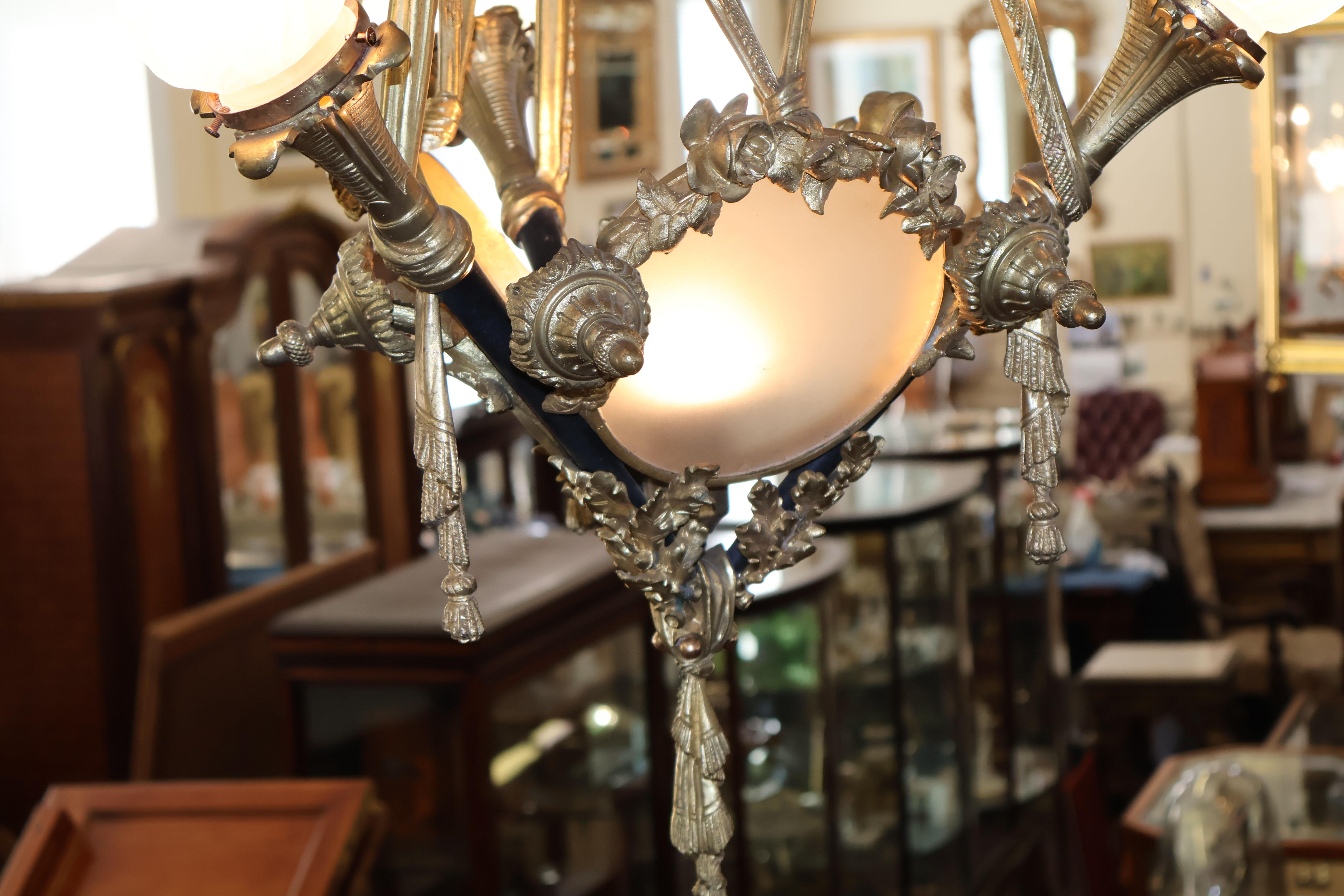  Early 20th Century Bronze French Style 4 Light Chandelier With Shades For Sale 7
