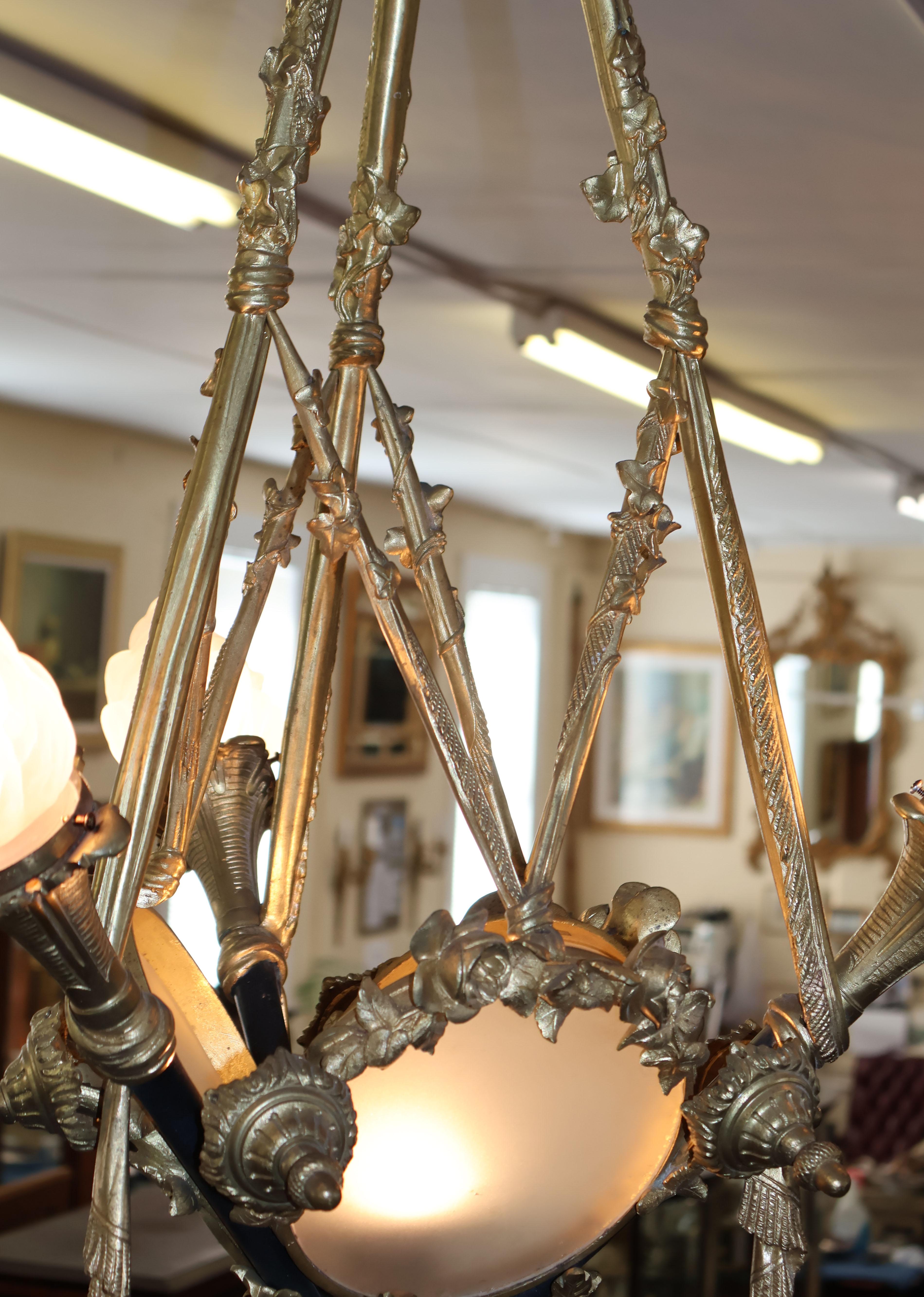  Early 20th Century Bronze French Style 4 Light Chandelier With Shades For Sale 8