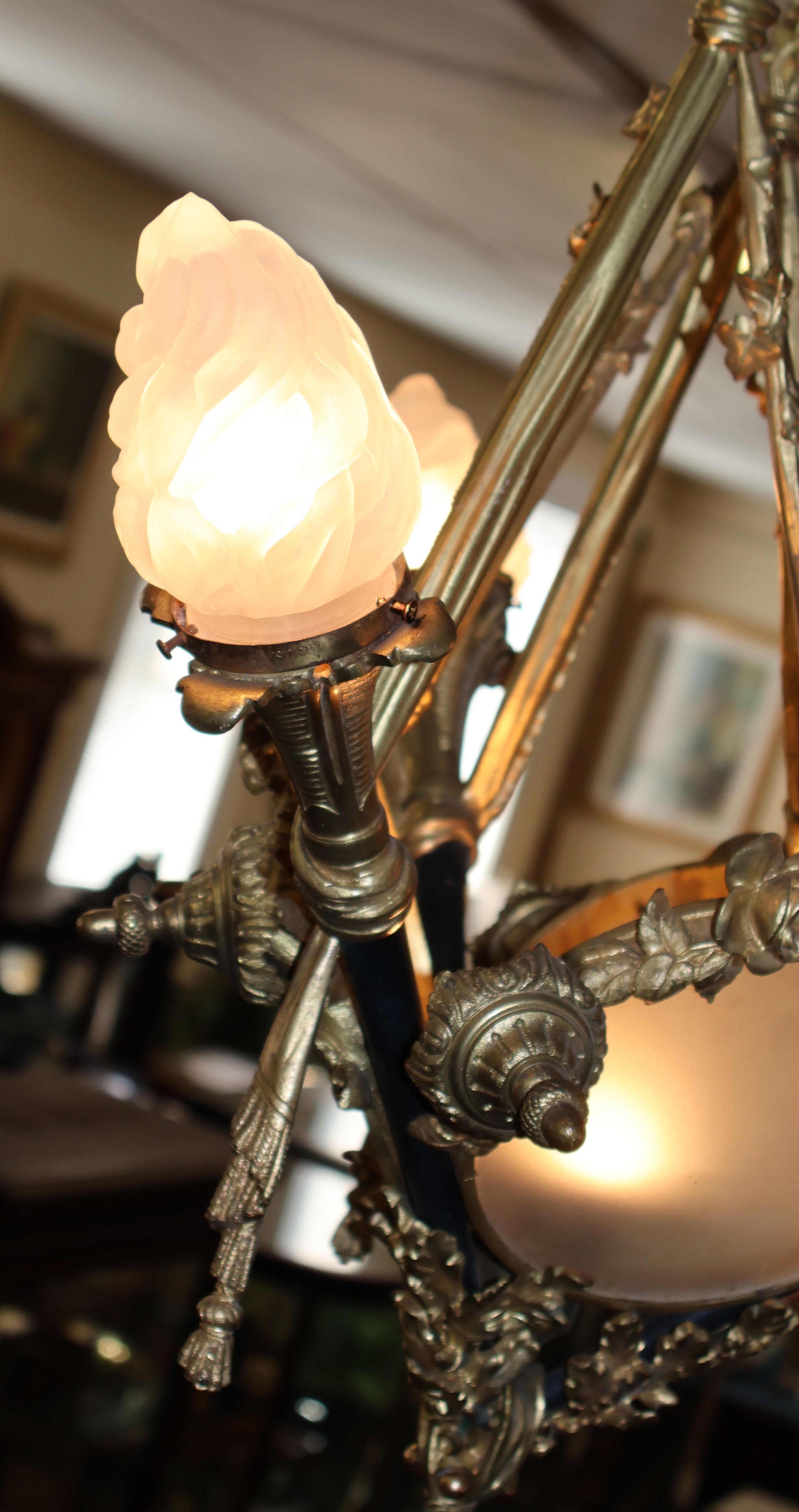  Early 20th Century Bronze French Style 4 Light Chandelier With Shades For Sale 4