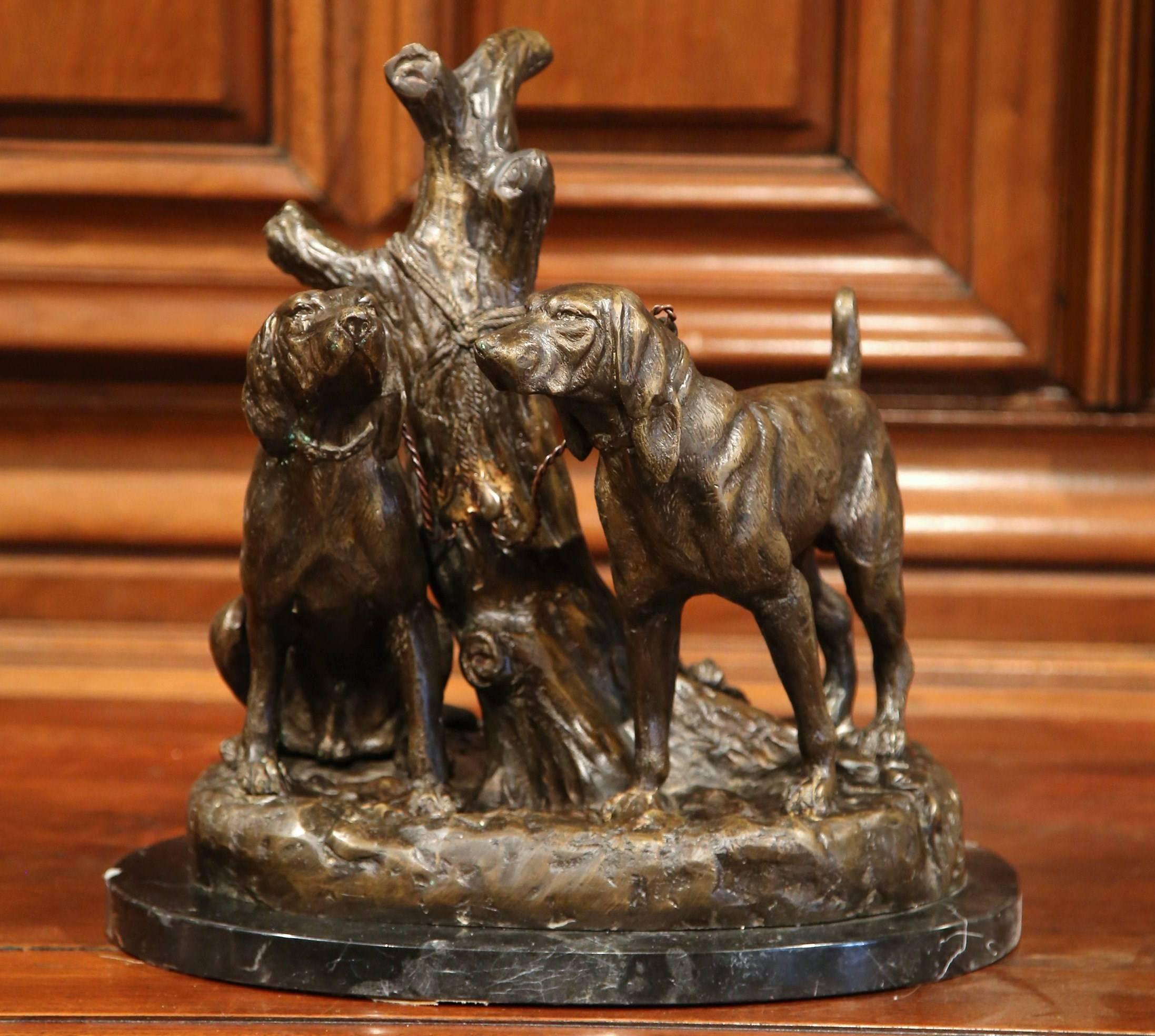 Hand-Carved Early 20th Century Bronze Hounds Sculpture on Marble Base Signed Grave Johnson