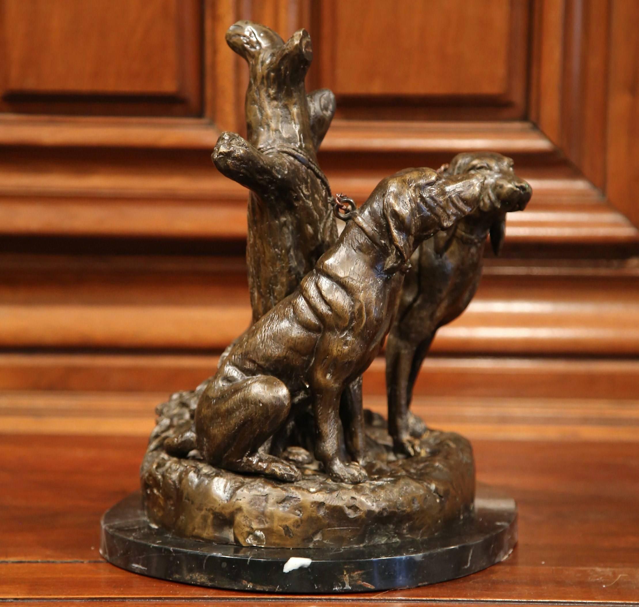 Early 20th Century Bronze Hounds Sculpture on Marble Base Signed Grave Johnson 1