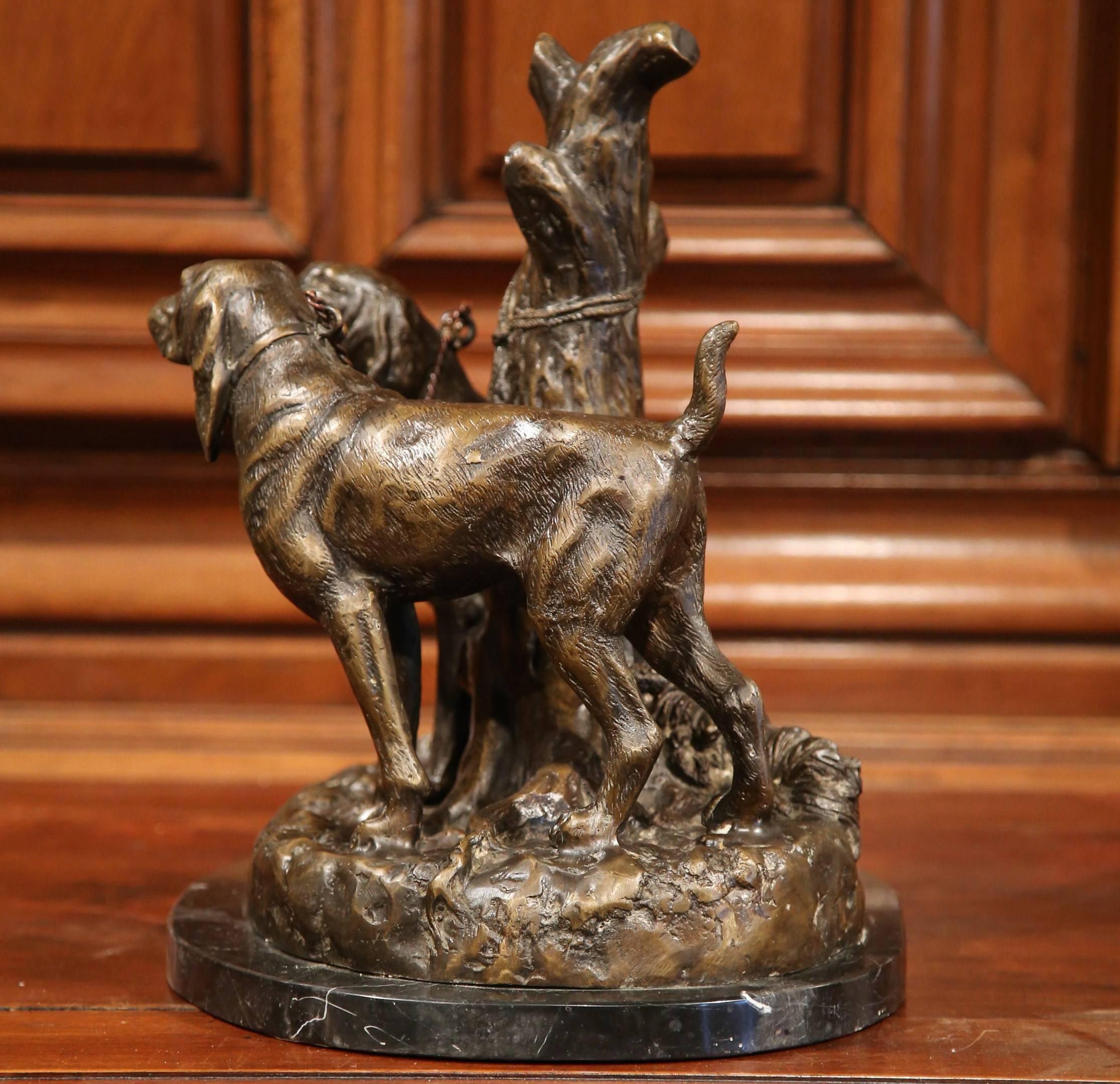 Early 20th Century Bronze Hounds Sculpture on Marble Base Signed Grave Johnson 2