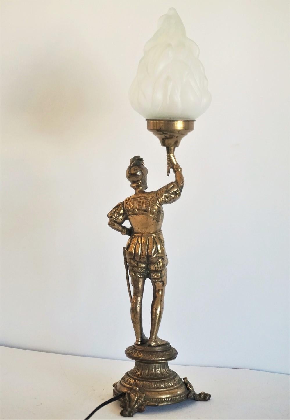Glass Early 20th Century Bronze Knight Sculpture Electrified Table or Desk Lamp For Sale