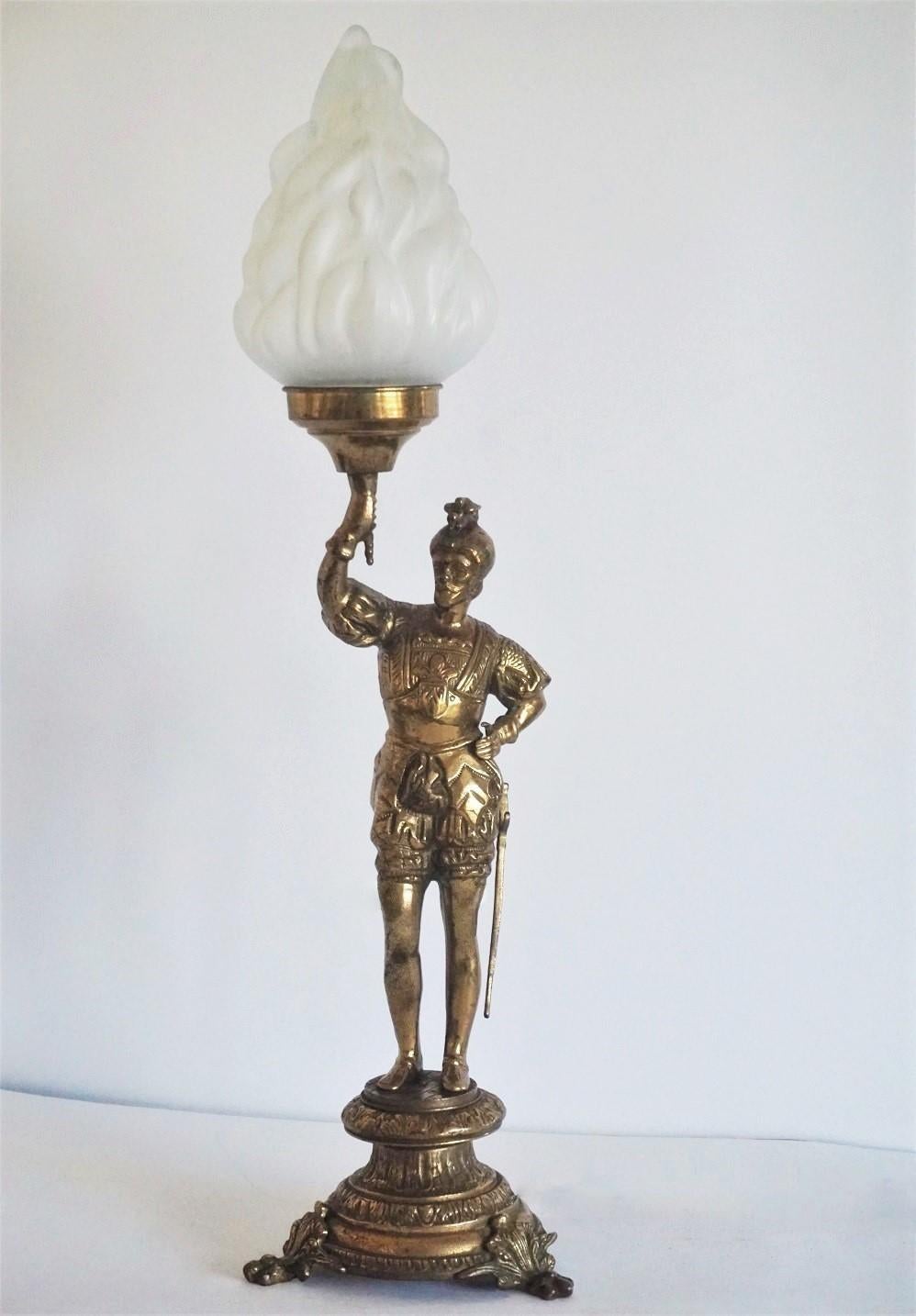 Baroque Early 20th Century Bronze Knight Sculpture Electrified Table or Desk Lamp For Sale