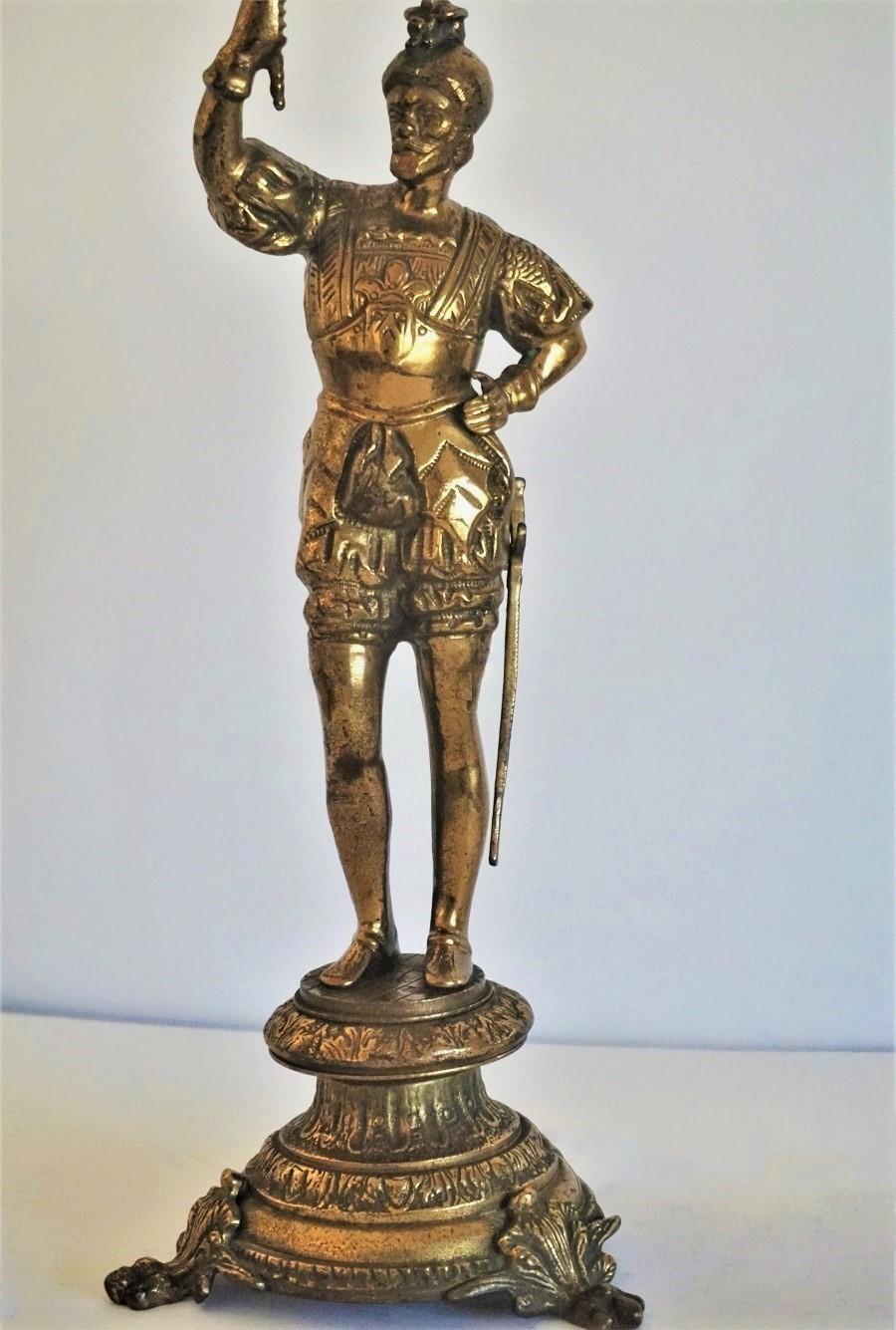 Portuguese Early 20th Century Bronze Knight Sculpture Electrified Table or Desk Lamp For Sale