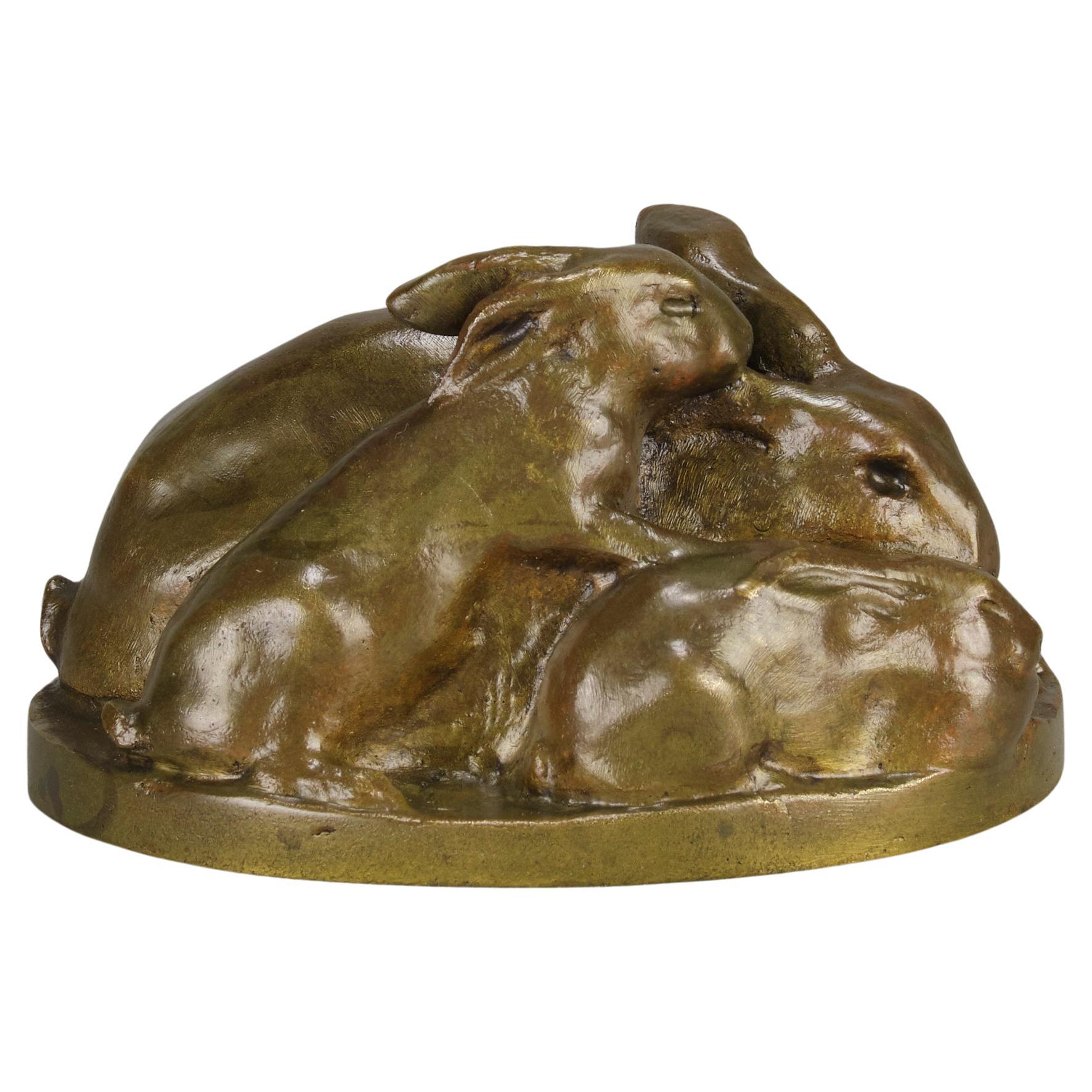Early 20th Century Bronze "Mother and Three Young Rabbits" by Emilie Fiero For Sale