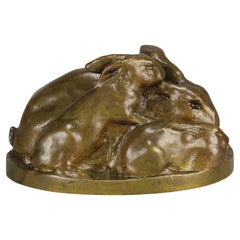 Antique Early 20th Century Bronze "Mother and Three Young Rabbits" by Emilie Fiero