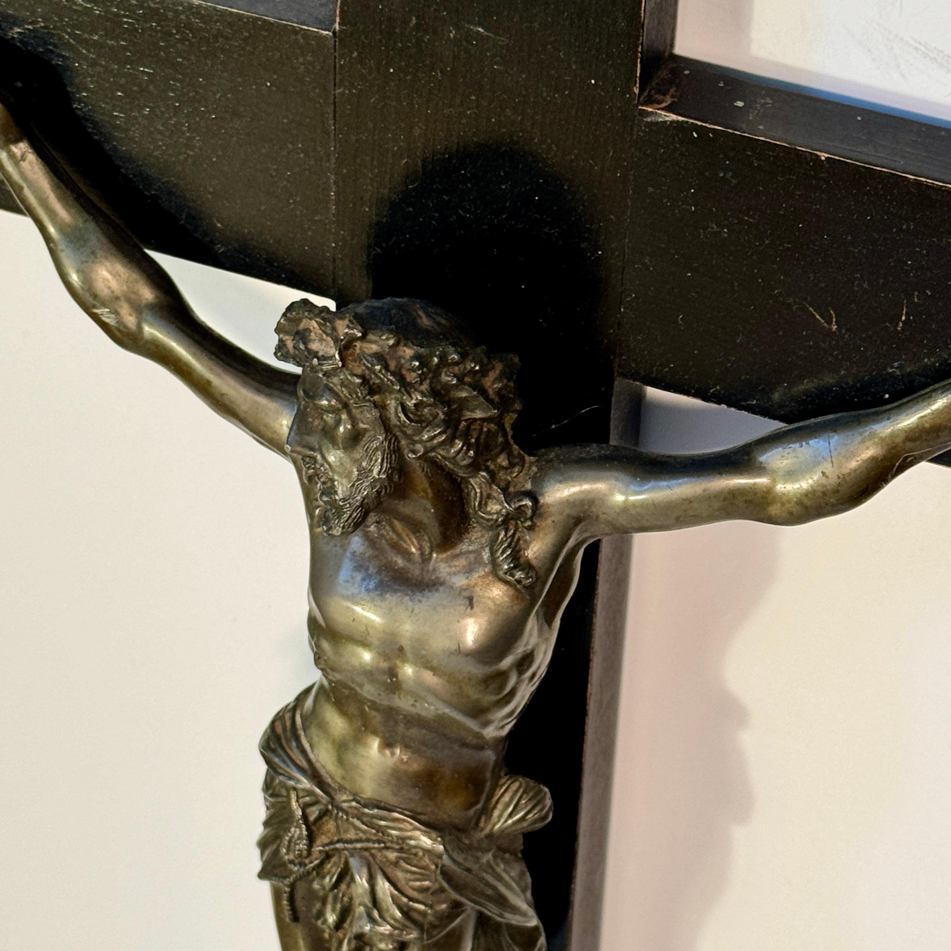 Painted Early 20th Century Bronze on Wood Religious Crucifix For Sale