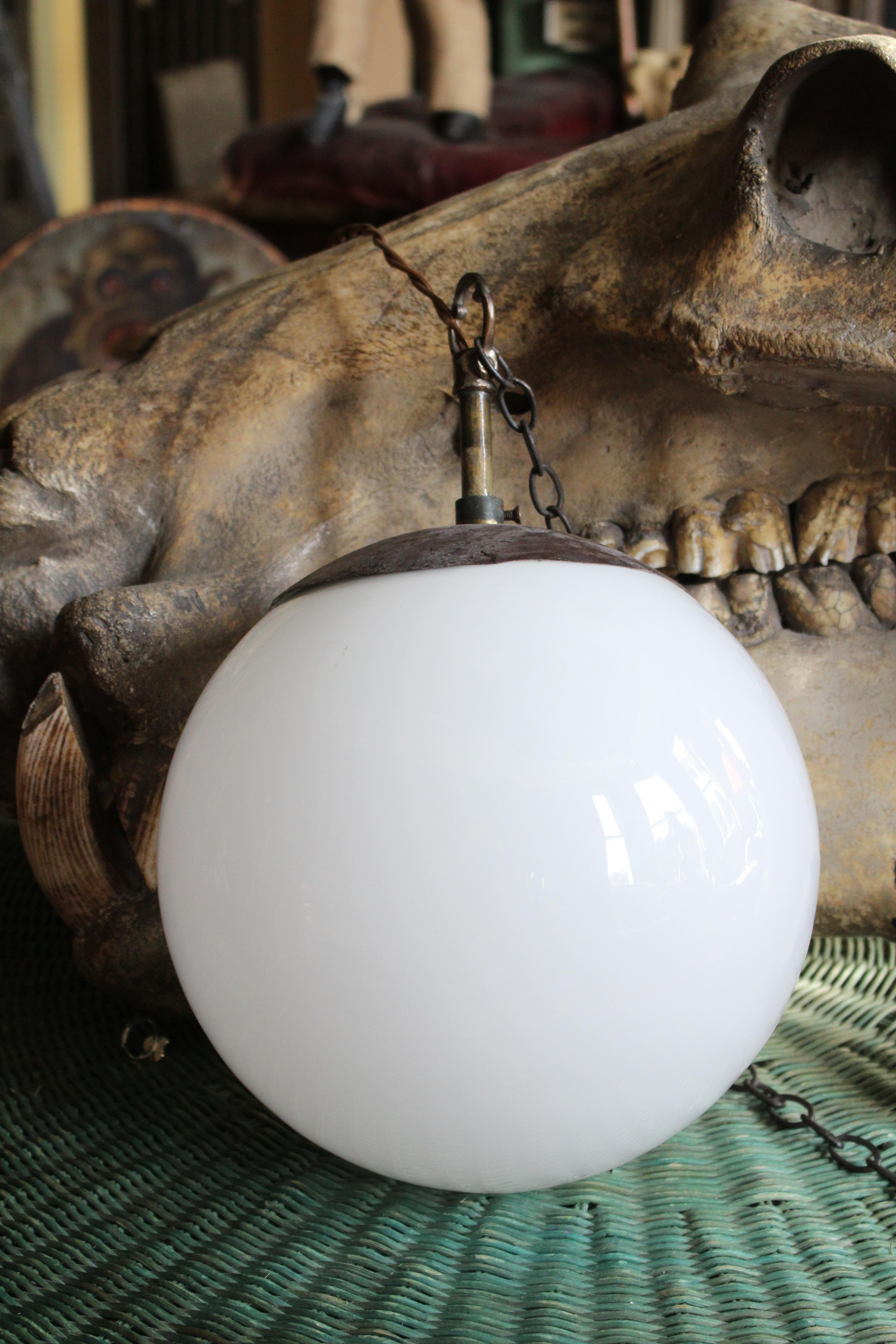 Mid-20th Century Early 20th Century Bronze & Opaline Globe Pendant Light