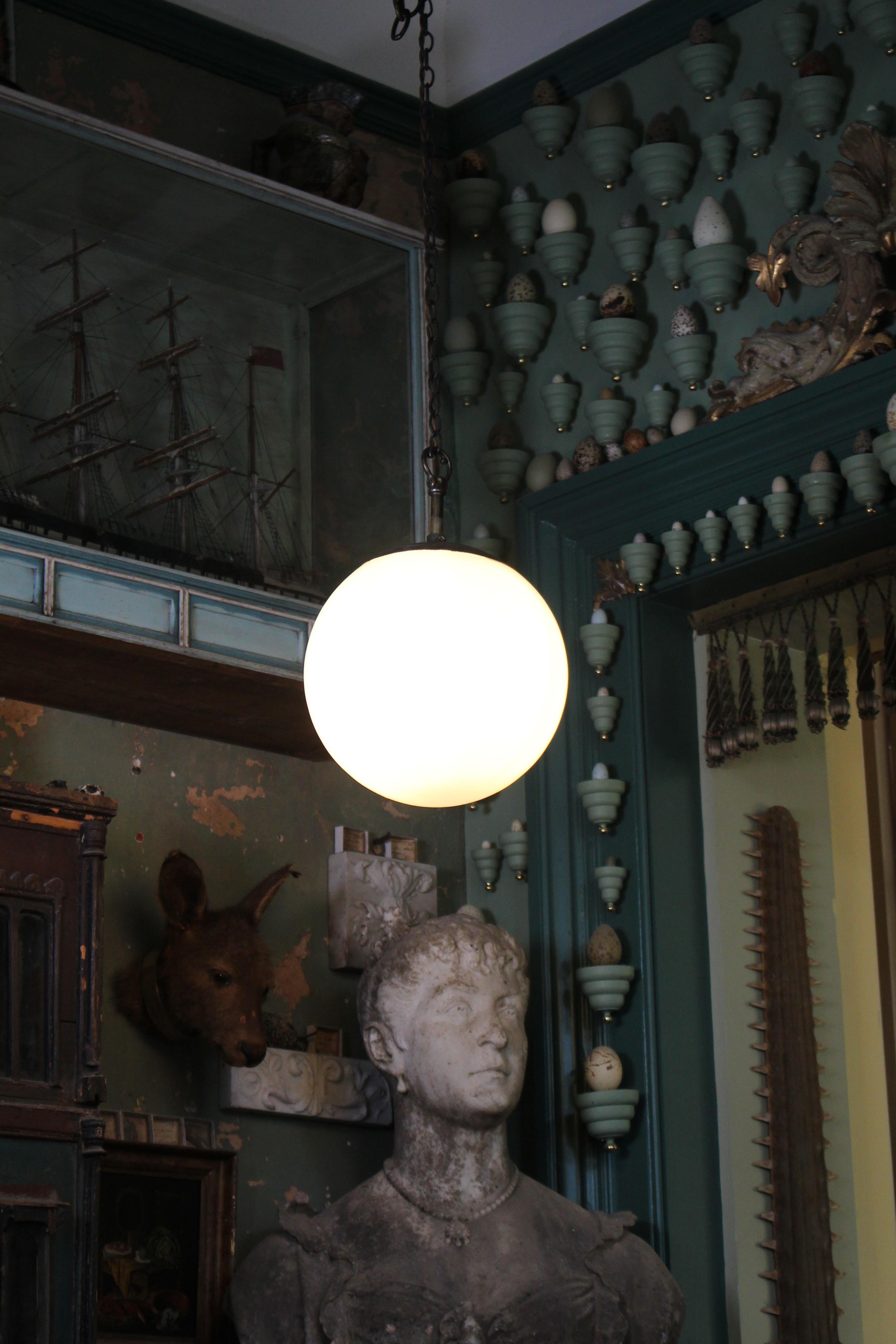 Early 20th Century Bronze & Opaline Globe Pendant Light 2