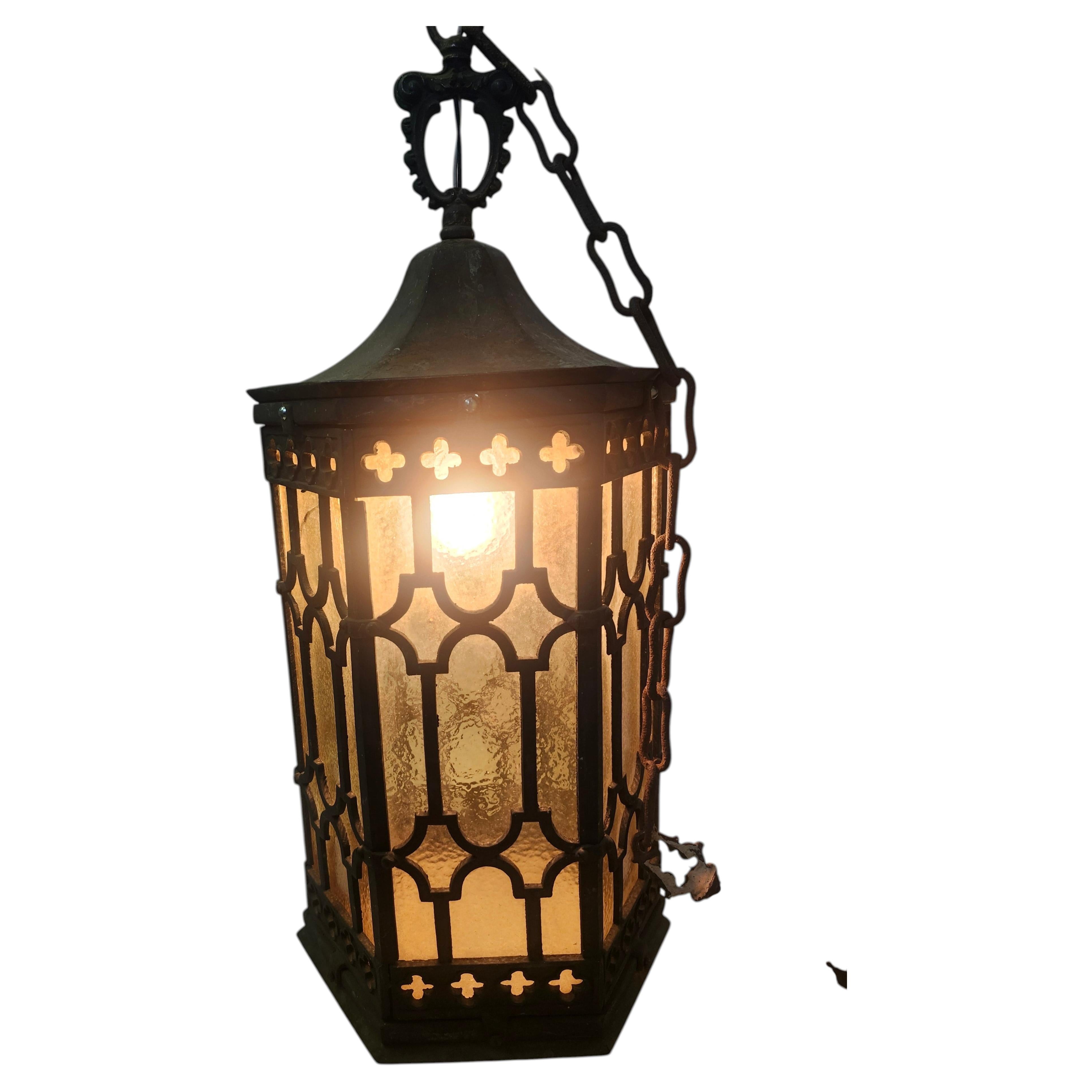 Early 20th Century Bronze Outdoor Pendant Lantern Lamp Arts & Crafts