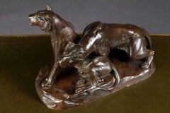 Coupé de tigres sur rochers en bronze du début du 20e siècle par G. Gardet, 1863-1939
