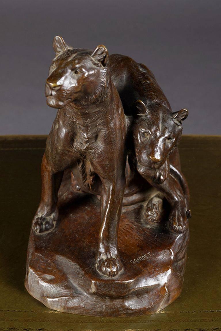 French Early 20th Century Bronze Plastic Tiger Couple on Rocks by G. Gardet, 1863-1939 For Sale