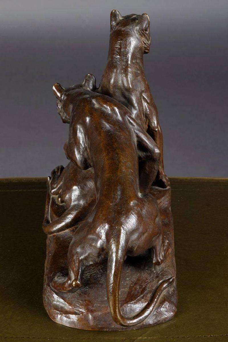 19th Century Early 20th Century Bronze Plastic Tiger Couple on Rocks by G. Gardet, 1863-1939 For Sale