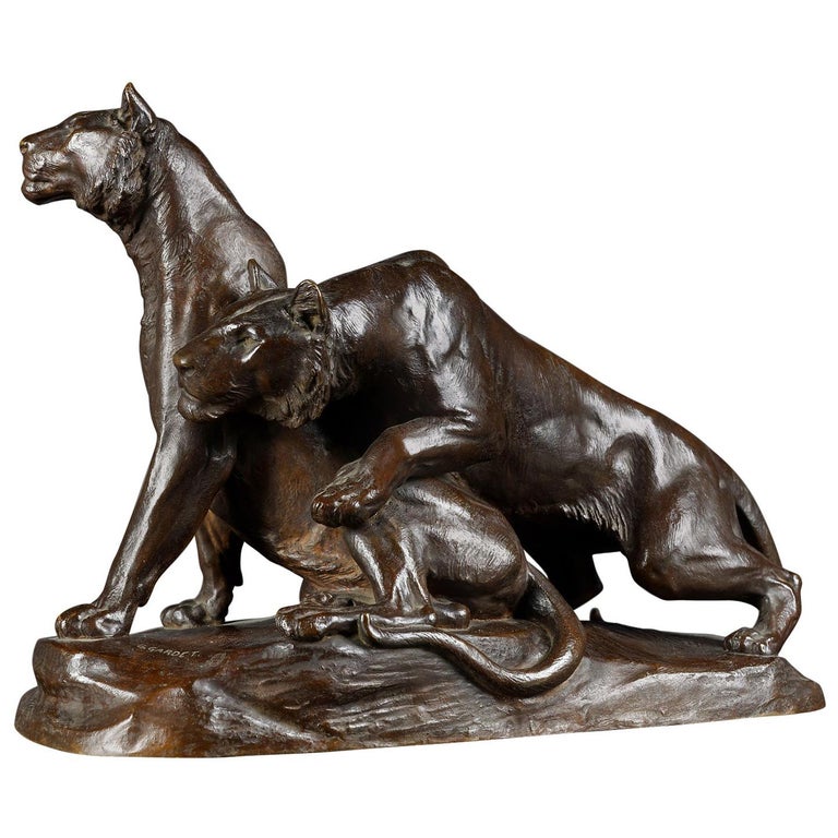 Early 20th Century Bronze Plastic Tiger Couple on Rocks by G. Gardet, 1863-1939 For Sale