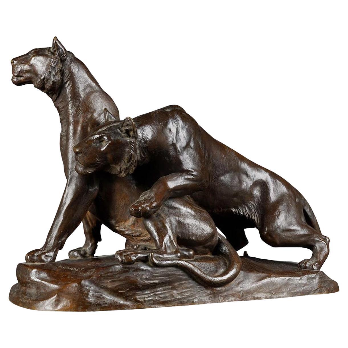 Early 20th Century Bronze Plastic Tiger Couple on Rocks by G. Gardet, 1863-1939 For Sale
