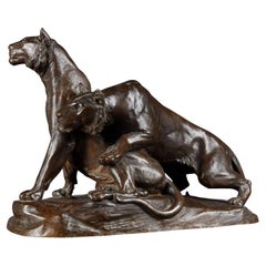 Tigerpaar auf Felsen aus Bronze aus dem frühen 20. Jahrhundert von G. Gardet, 1863-1939