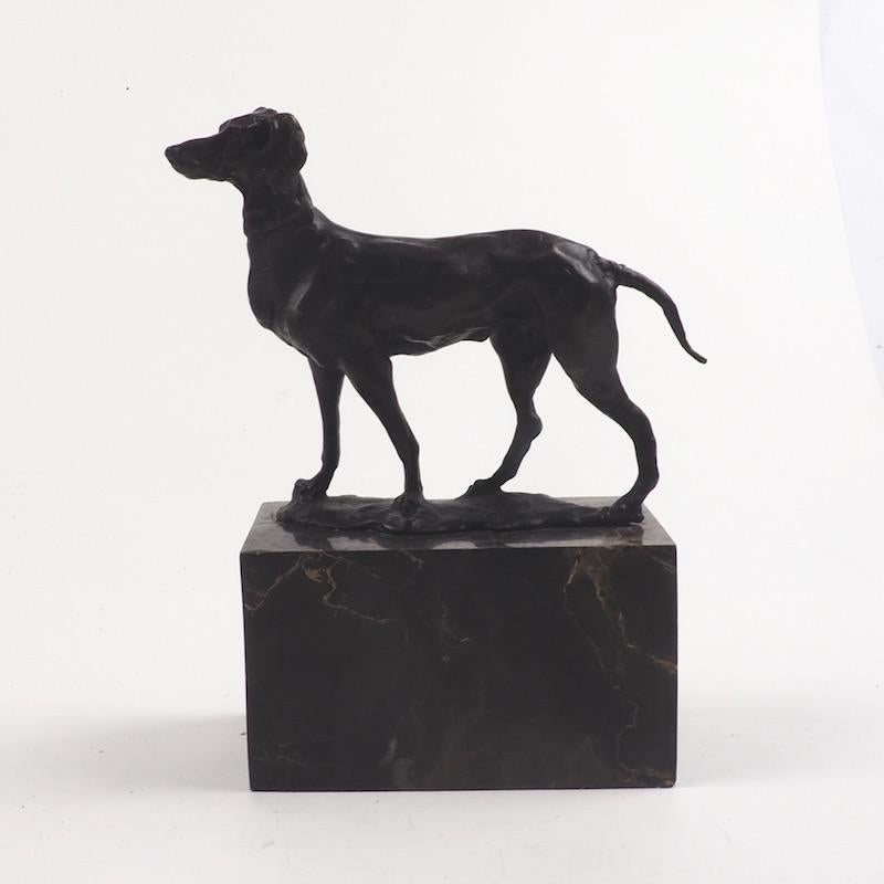 Bronze sculpture of a gun dog in an alert standing position, modelled with a textured finish and fine facial features, aged to a beautiful brown patina and standing proudly on a finely veined dark brown/black marble plinth.